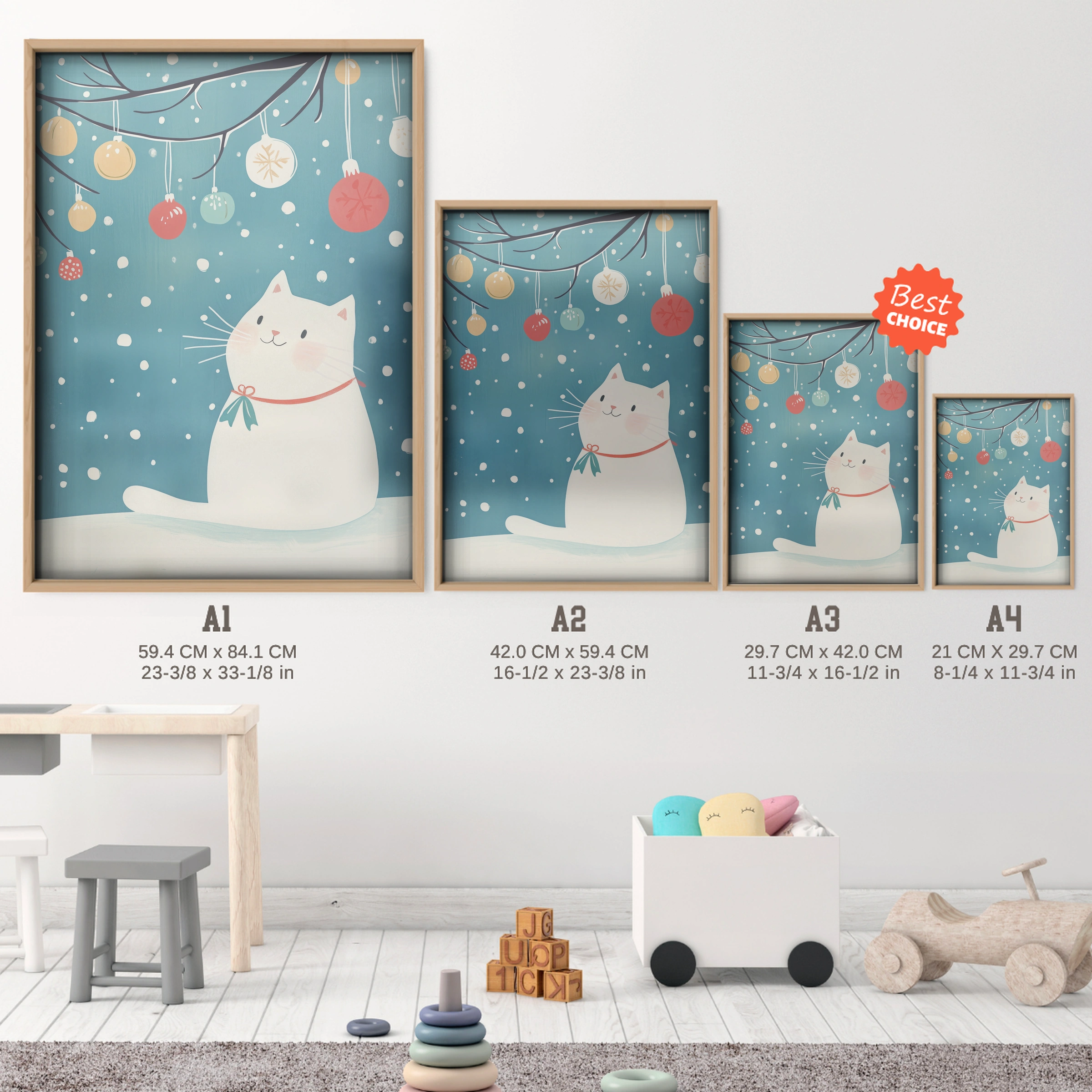 Cat and Ornaments Christmas Print - size guide A4 A3 A2 A1 nursery print