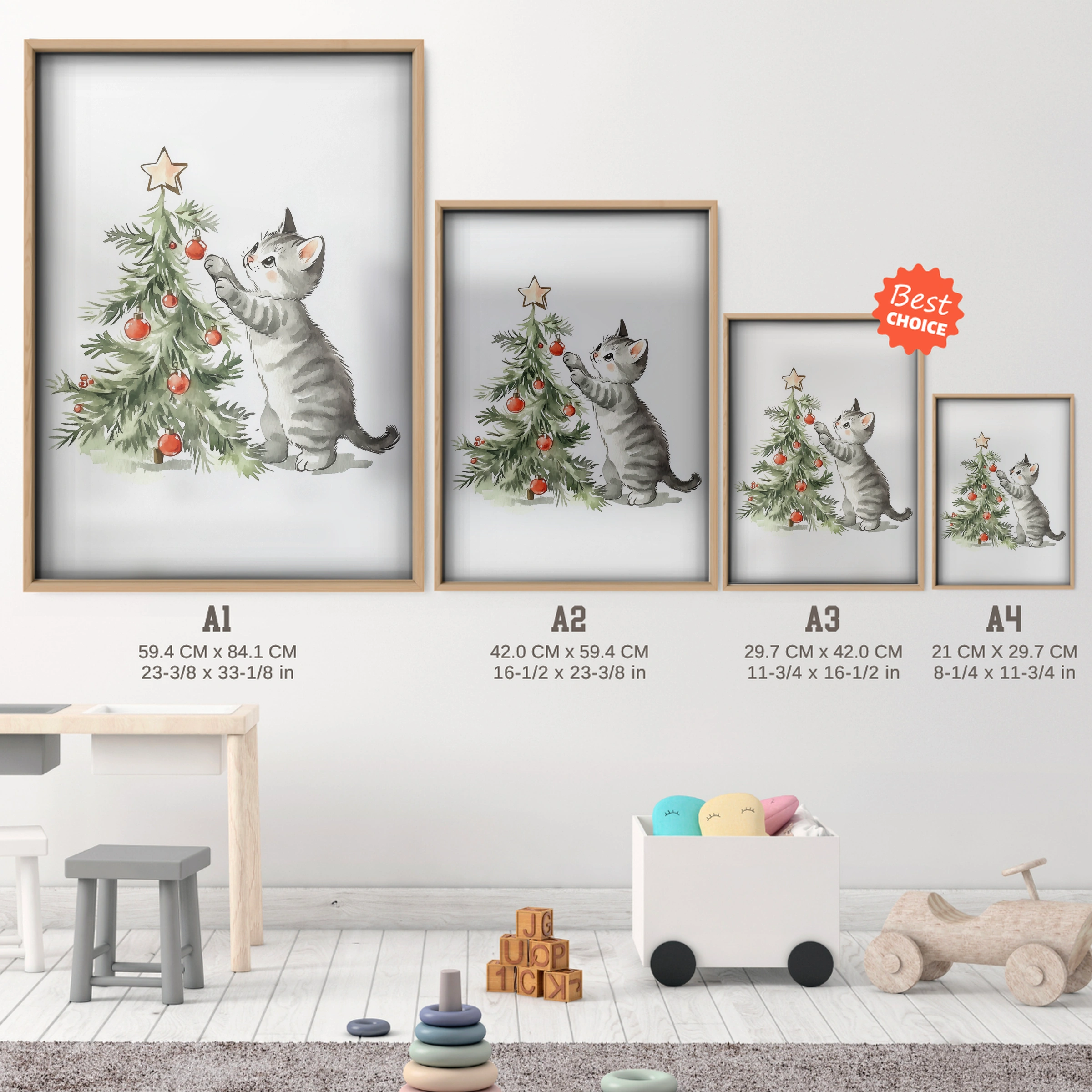 Cat and the Christmas Tree Print - size guide A4 A3 A2 A1 nursery print