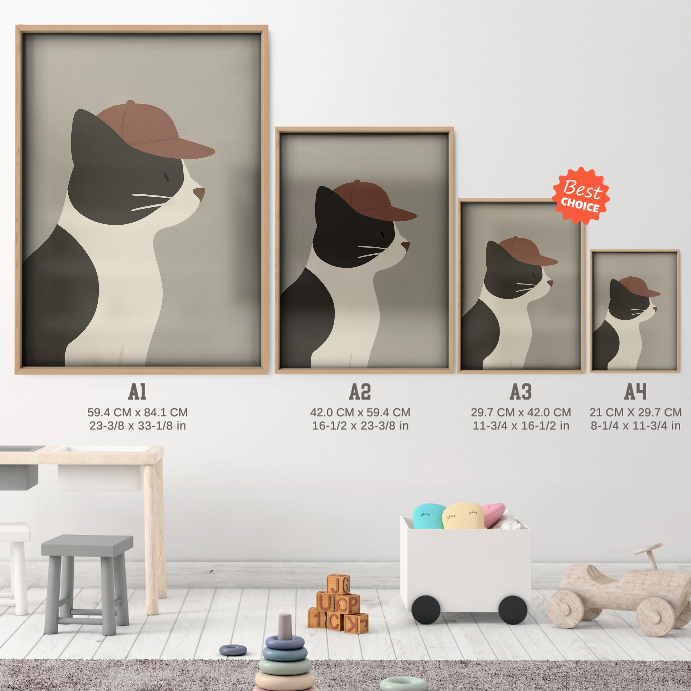 Cat in a Cap Nursery Print - size guide A4 A3 A2 A1 nursery print