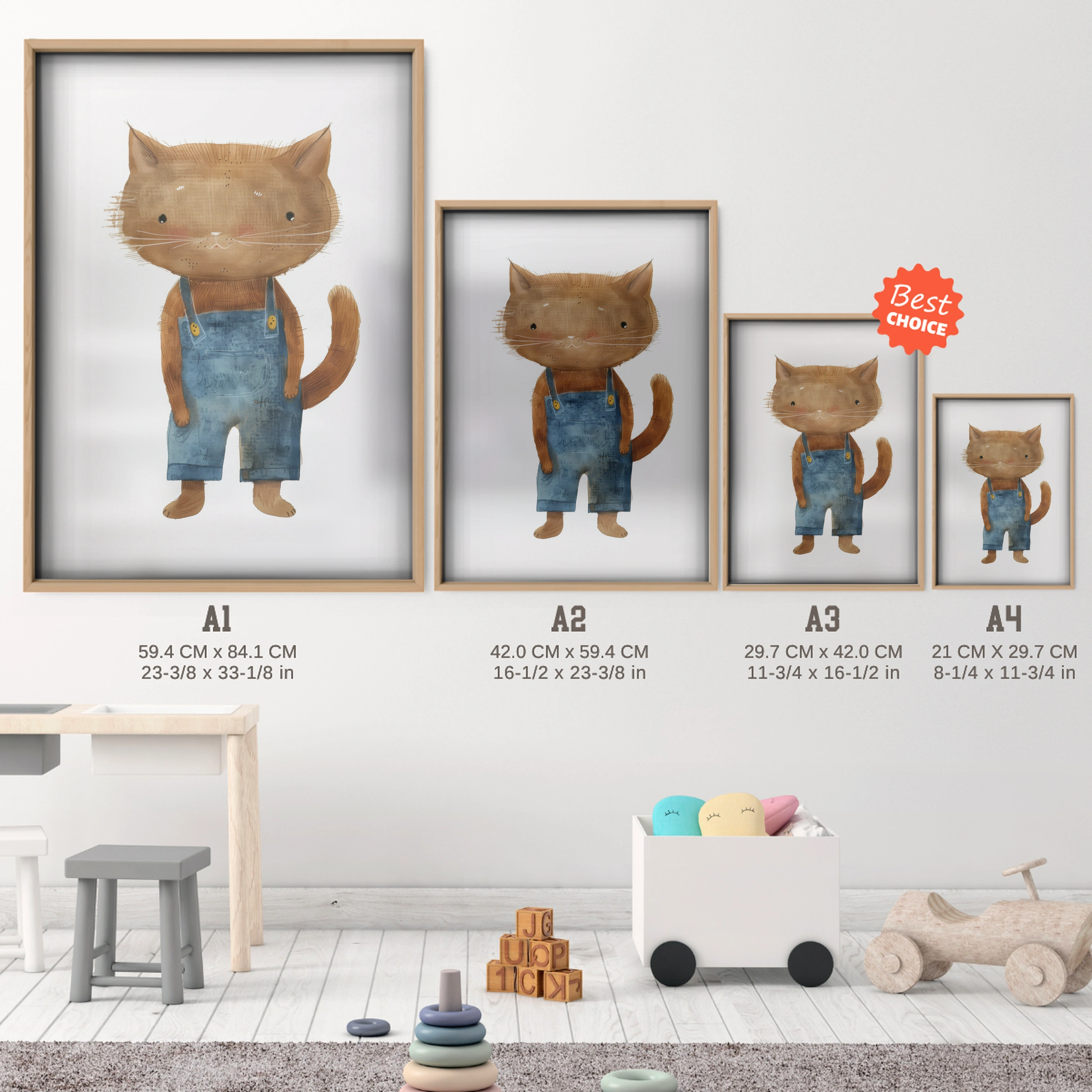 Cat in Overalls Nursery Print - size guide A4 A3 A2 A1 nursery print