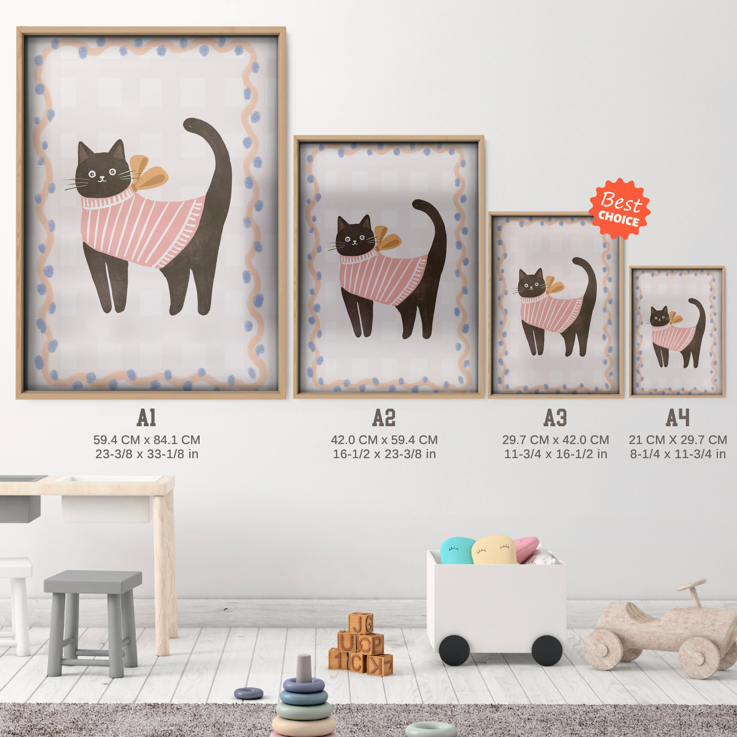 Cat on a Cushion Nursery Print - size guide A4 A3 A2 A1 nursery print