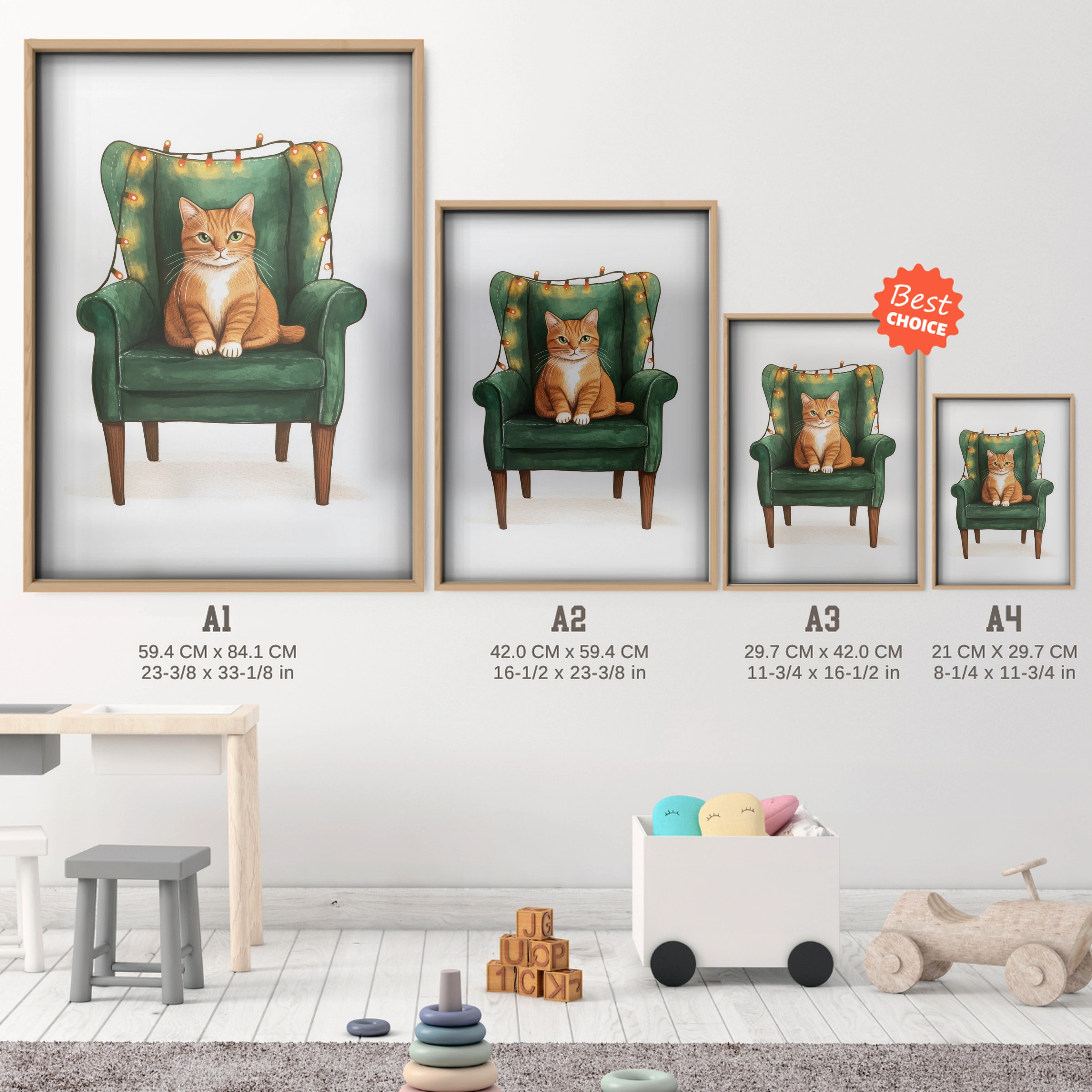 Cat on a Green Chair Christmas Print - size guide A4 A3 A2 A1 nursery print
