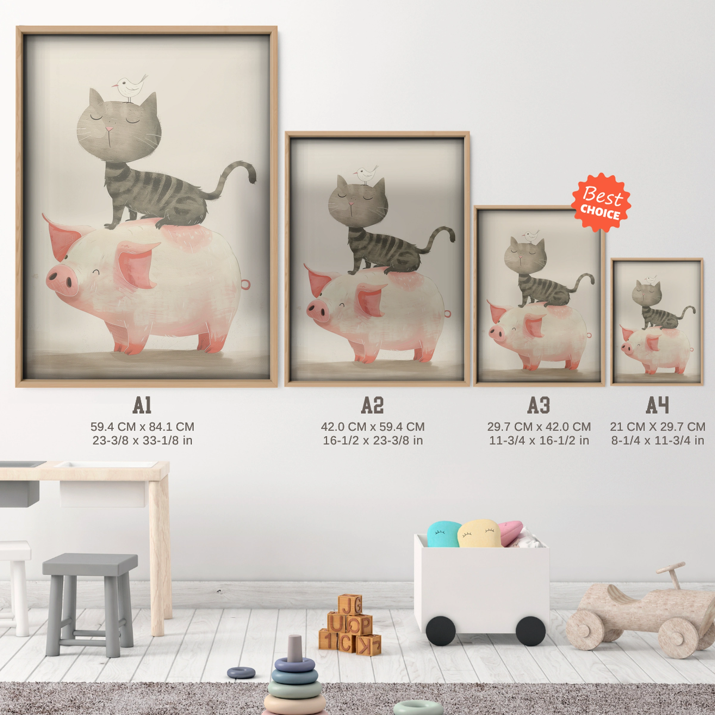 Cat on a Pig Nursery Print - size guide A4 A3 A2 A1 nursery print