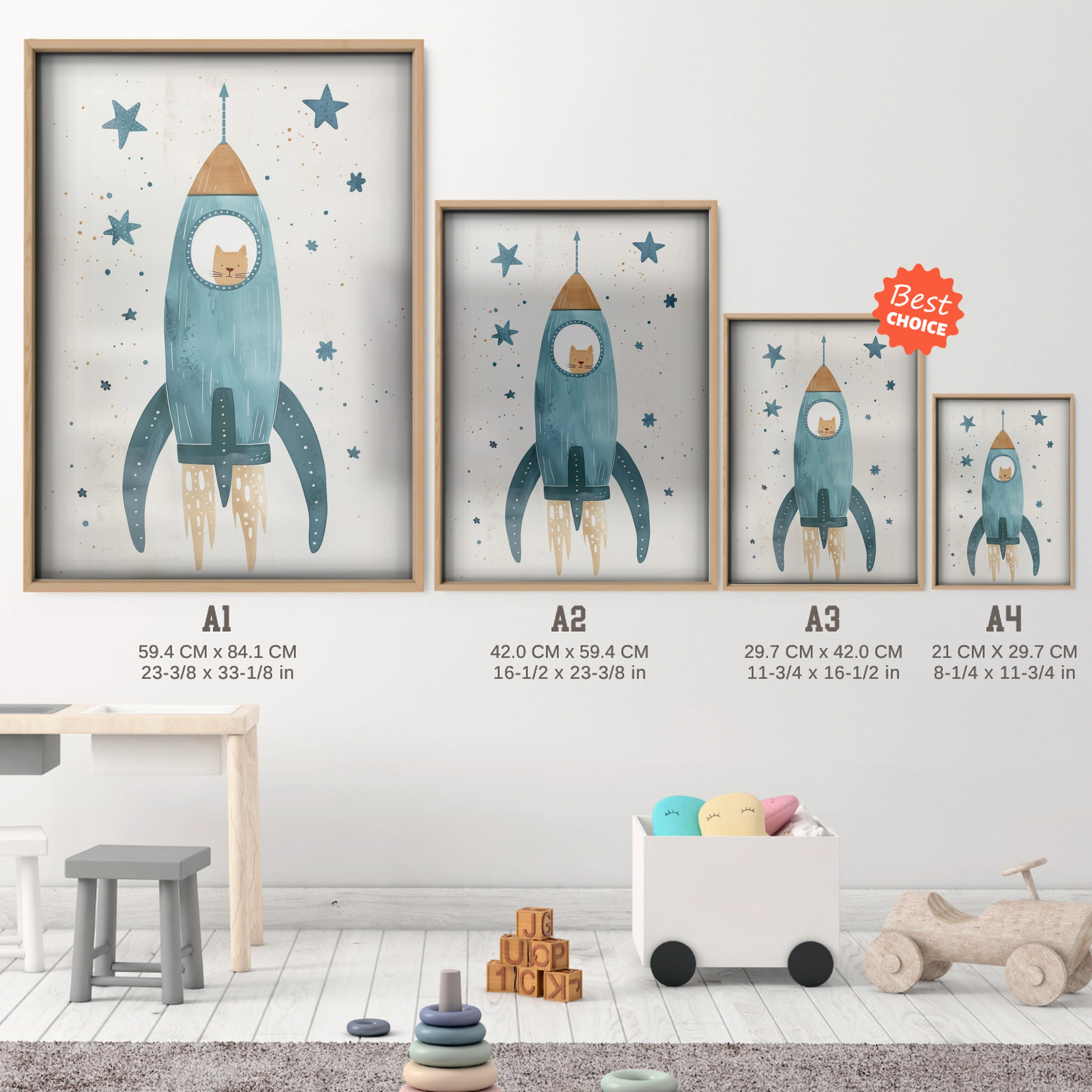 Cat Rocket Nursery Print - size guide A4 A3 A2 A1 nursery print