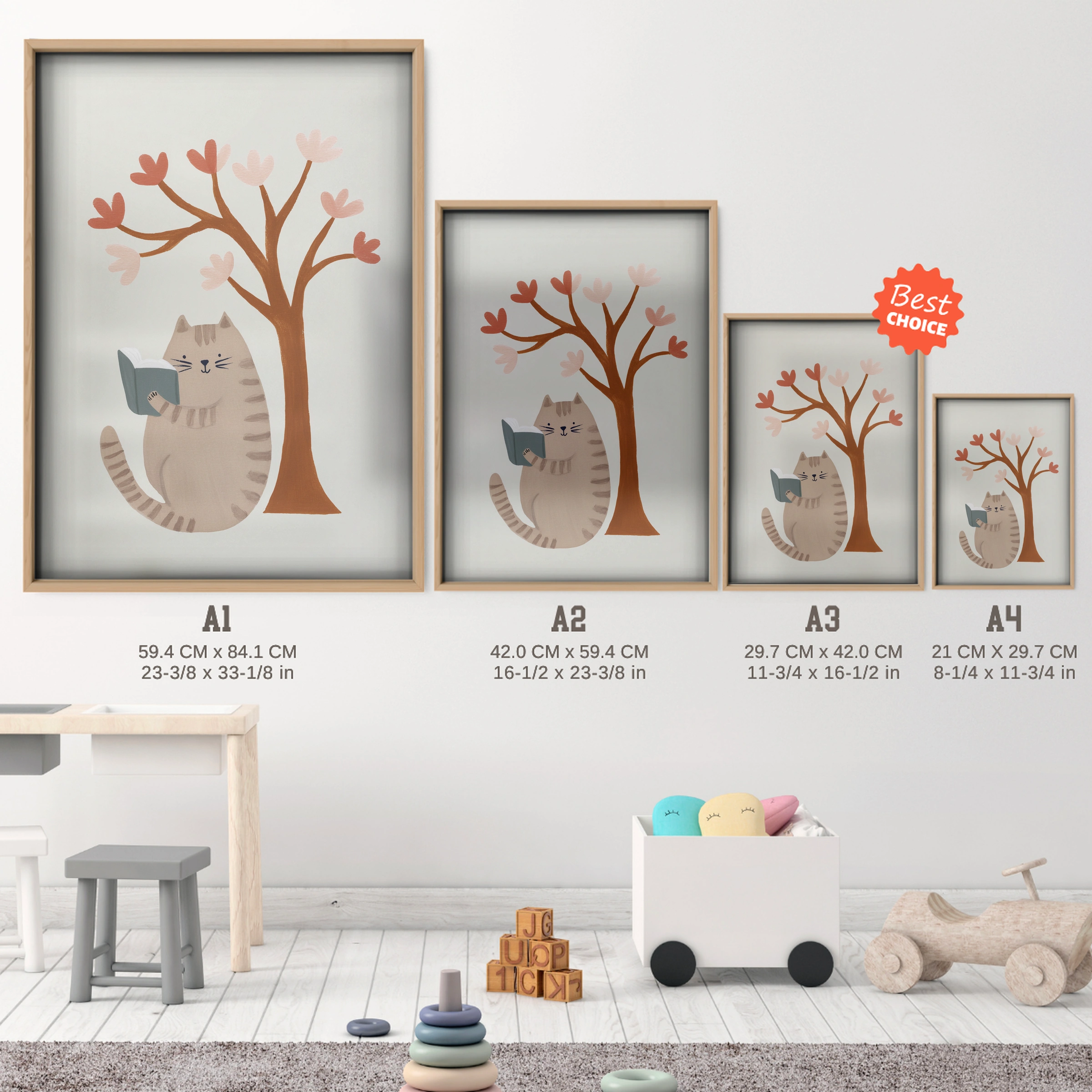 Cat Under a Tree Nursery Print - size guide A4 A3 A2 A1 nursery print