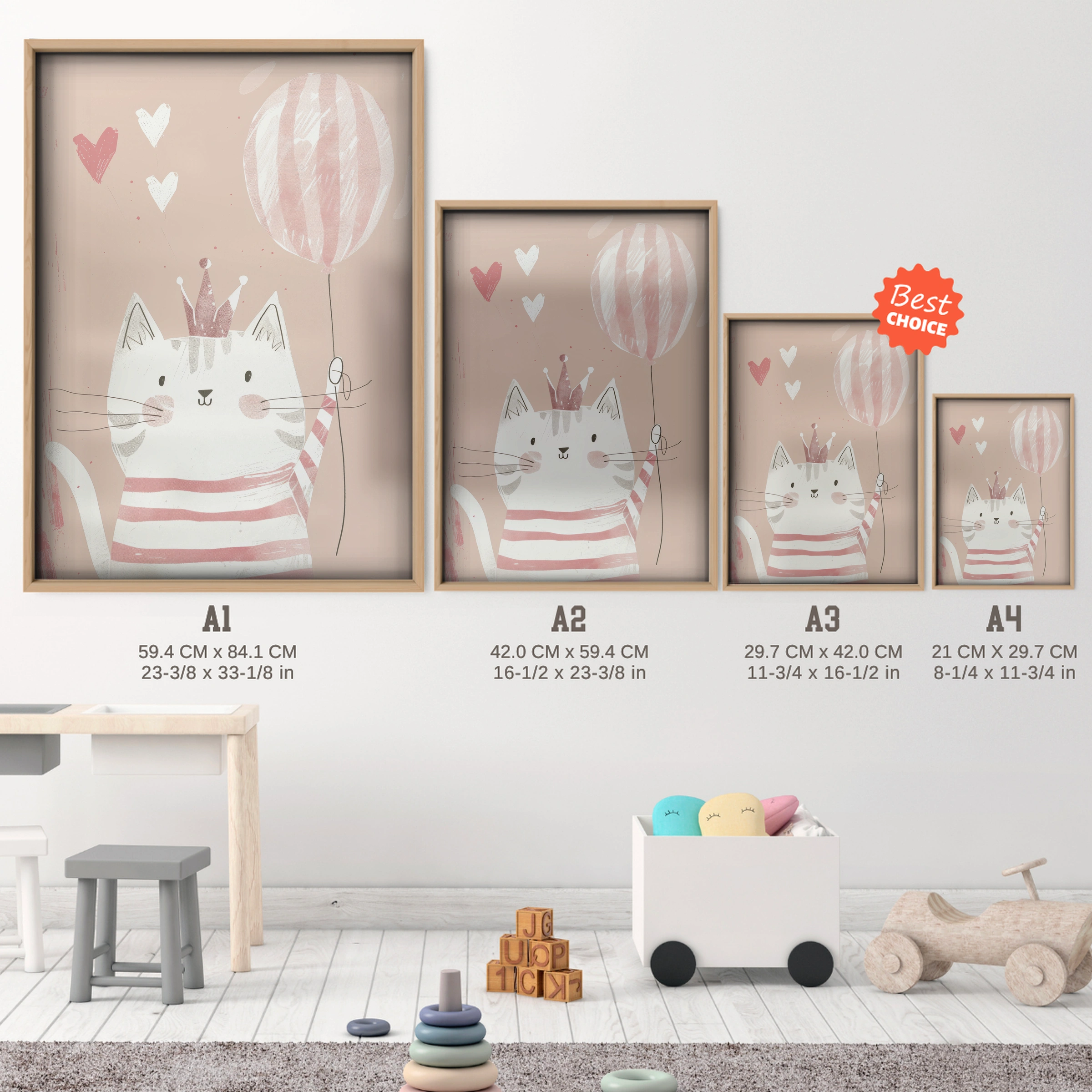 Cat with a Balloon Nursery Print - size guide A4 A3 A2 A1 nursery print