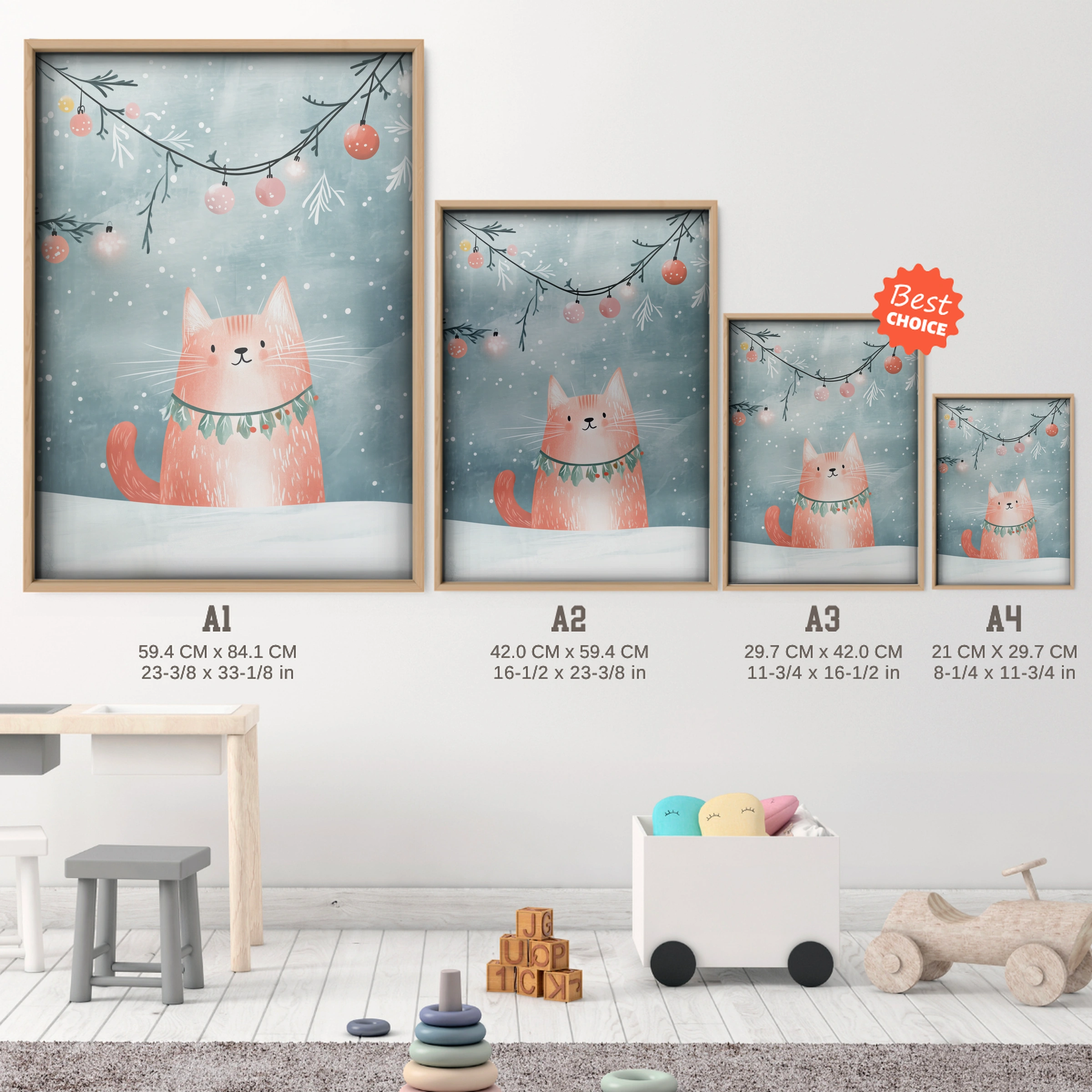 Cat with a Garland Christmas Print - size guide A4 A3 A2 A1 nursery print