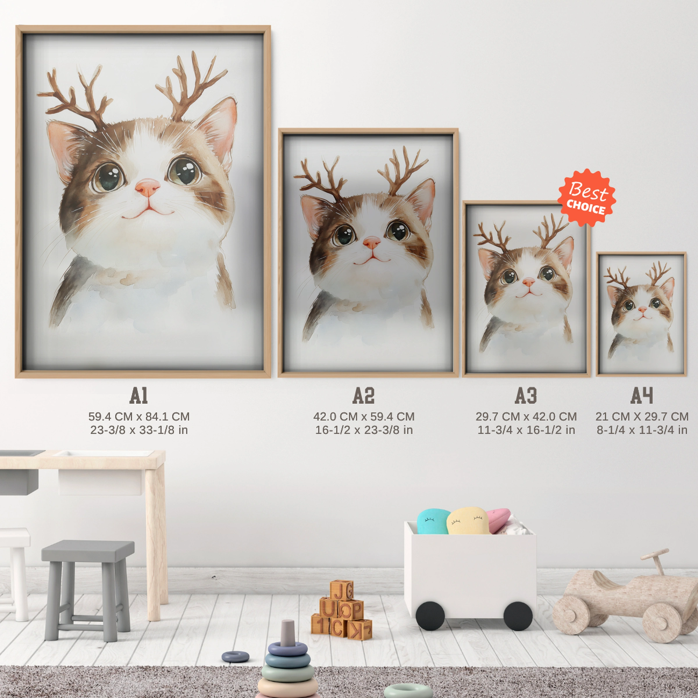Cat with Antlers Christmas Print - size guide A4 A3 A2 A1 nursery print