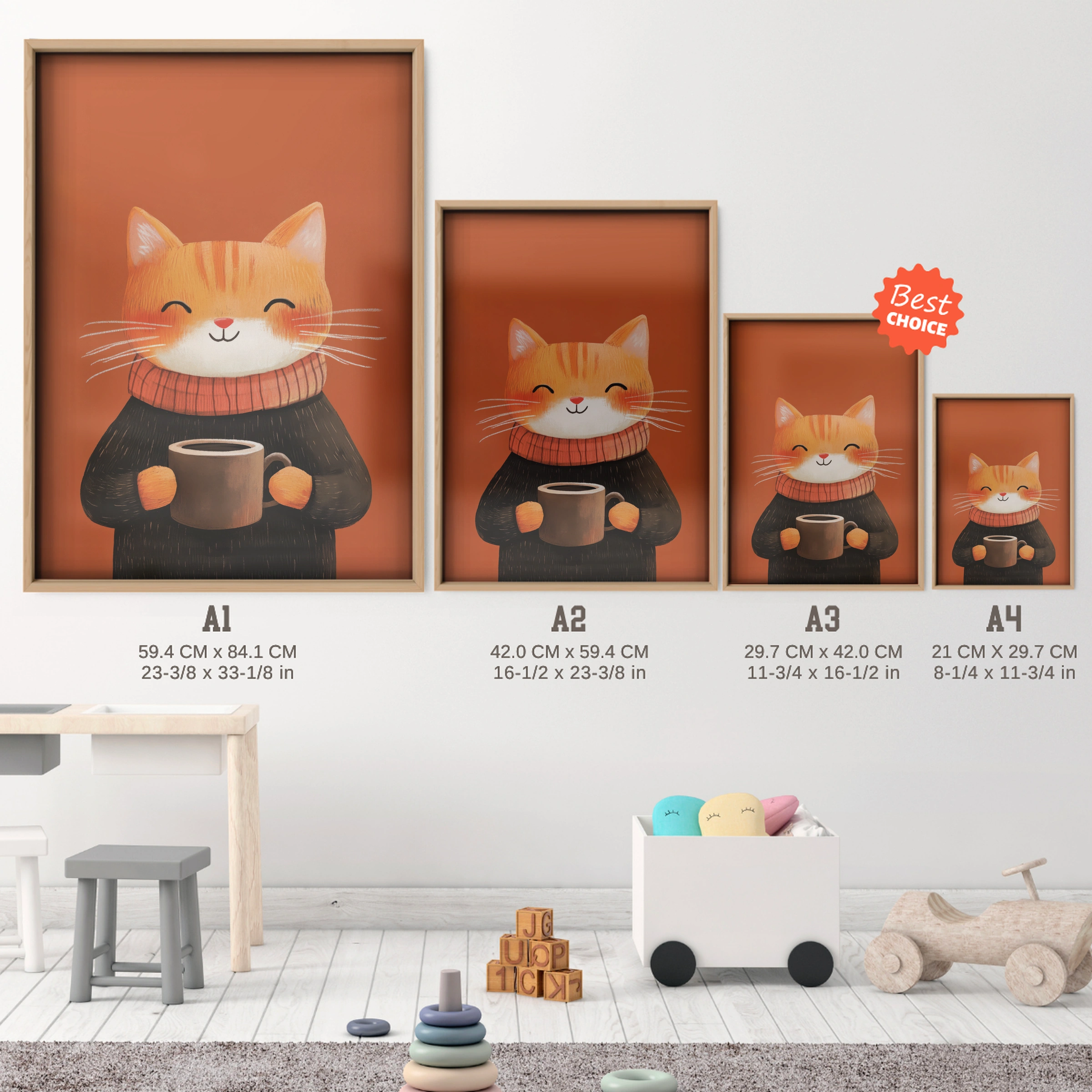 Cat with Cocoa Christmas Print - size guide A4 A3 A2 A1 nursery print