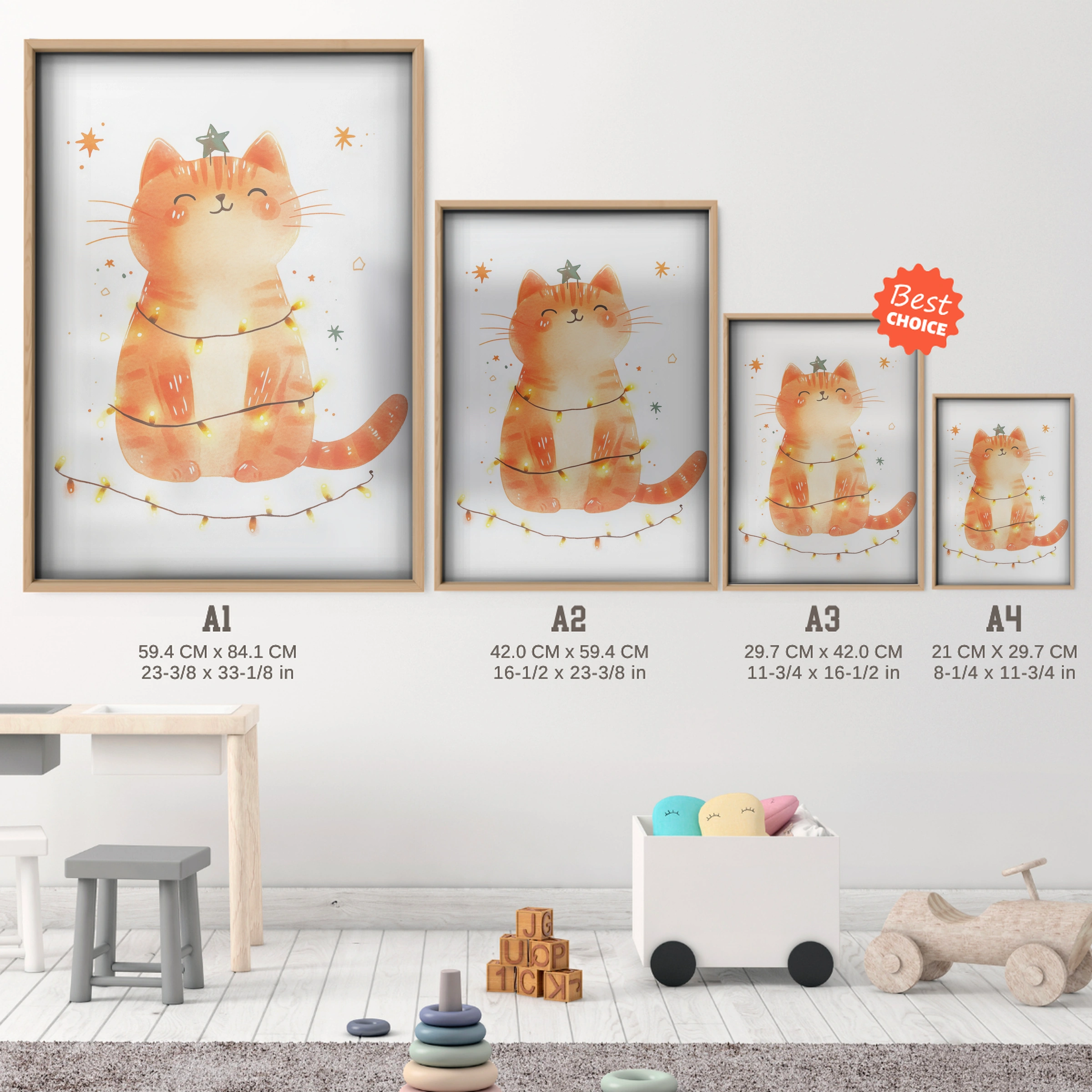Cat with Fairy Lights Christmas Print - size guide A4 A3 A2 A1 nursery print