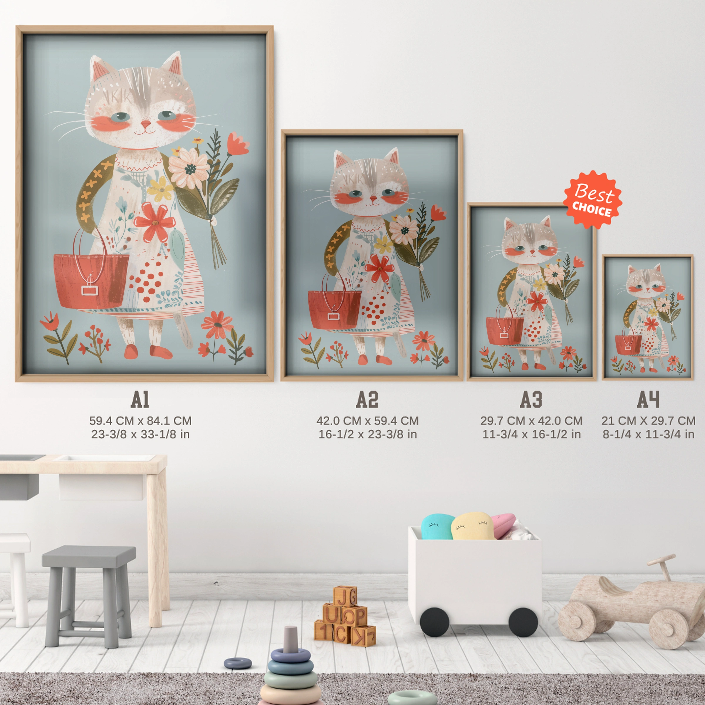 Cat with Flowers Nursery Print - size guide A4 A3 A2 A1 nursery print