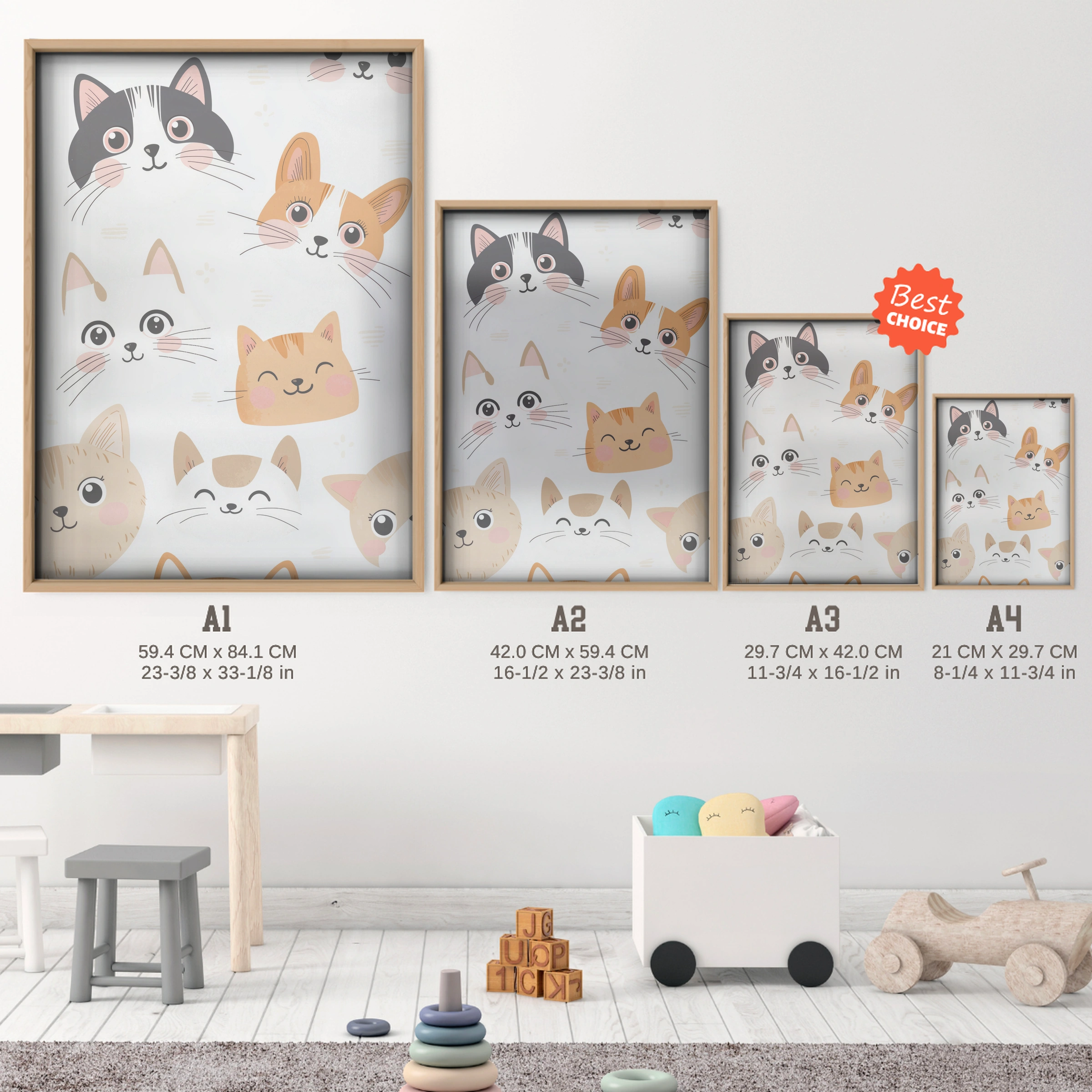 Cats and Corgi Nursery Print - size guide A4 A3 A2 A1 nursery print