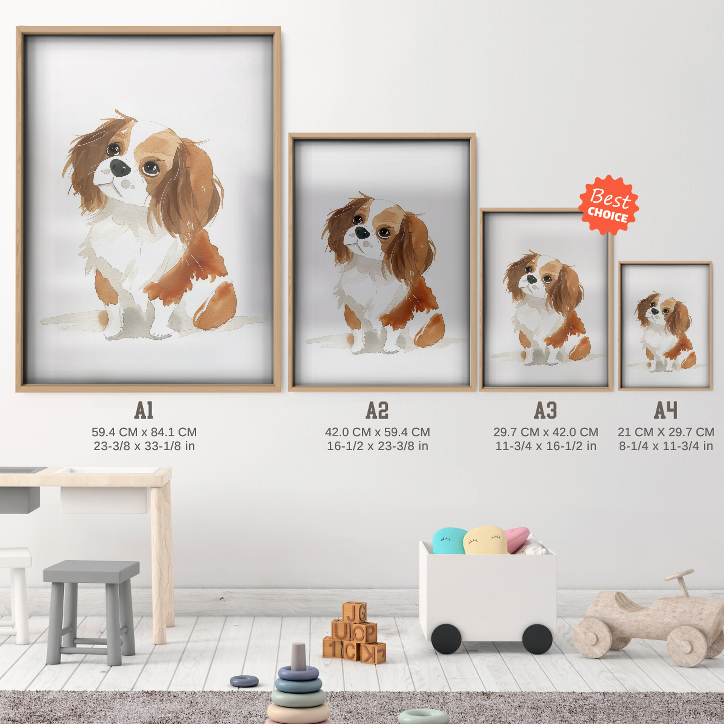 Cavalier Puppy Nursery Print - size guide A4 A3 A2 A1 nursery print
