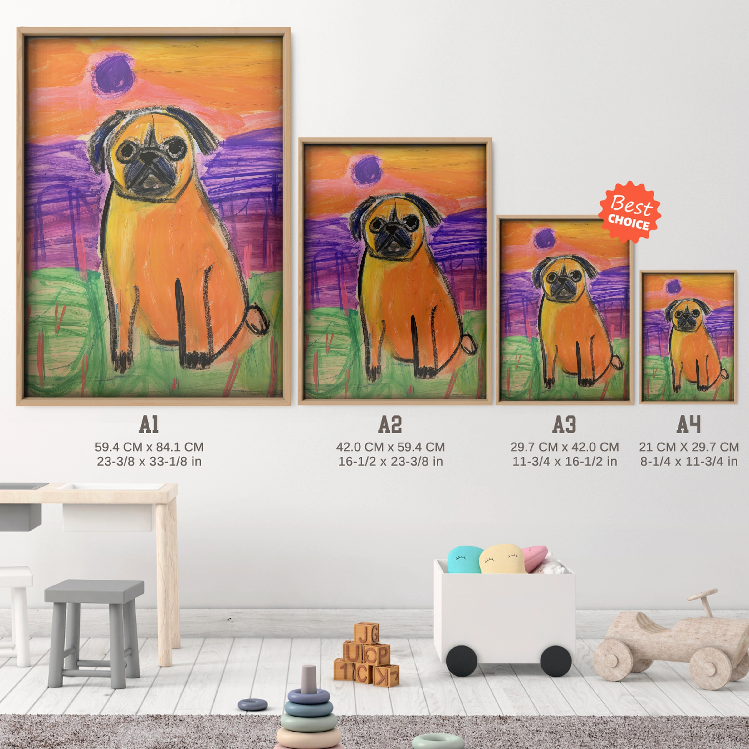 Charming Pug Nursery Print - size guide A4 A3 A2 A1 nursery print