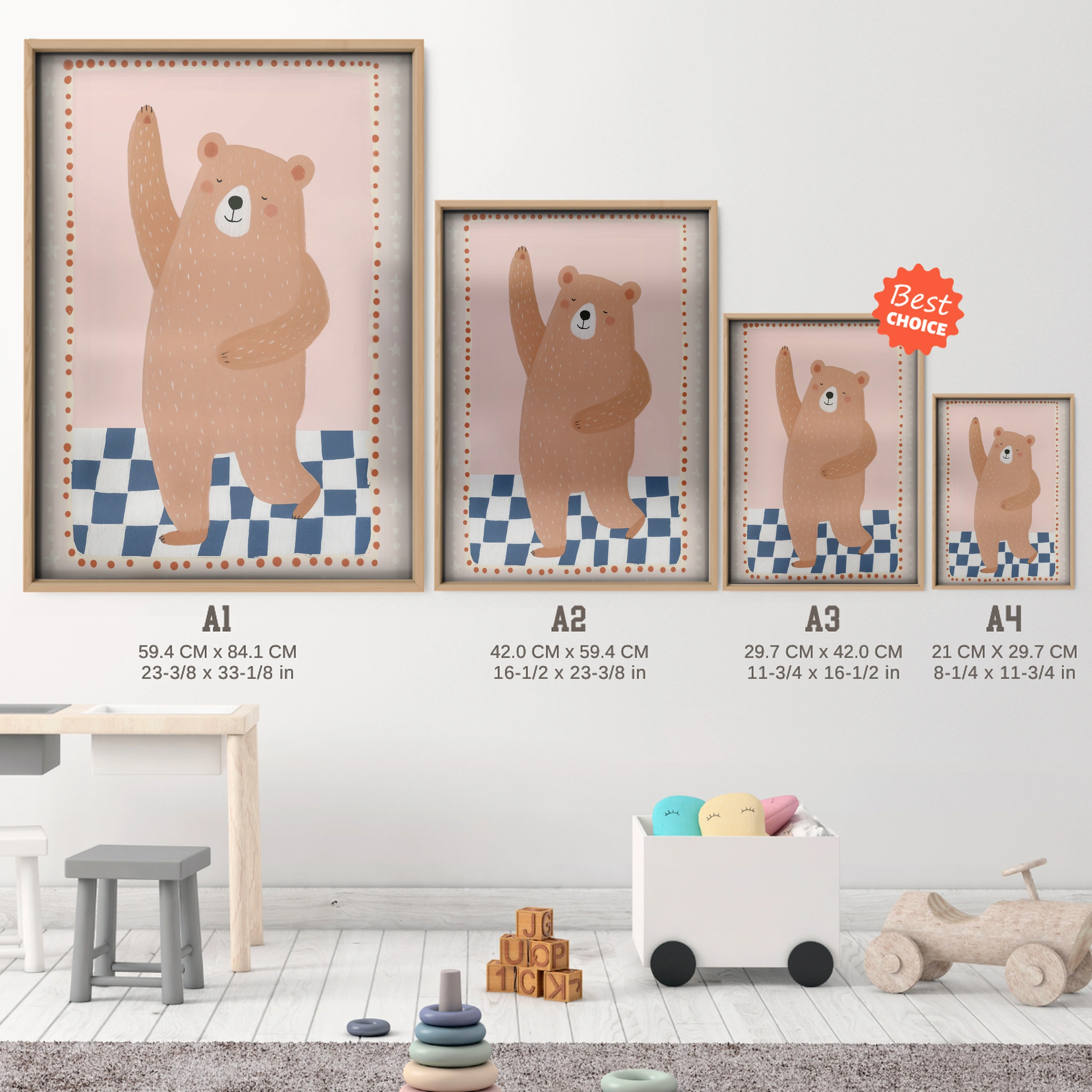 Checkerboard Bear Nursery Print - size guide A4 A3 A2 A1 nursery print