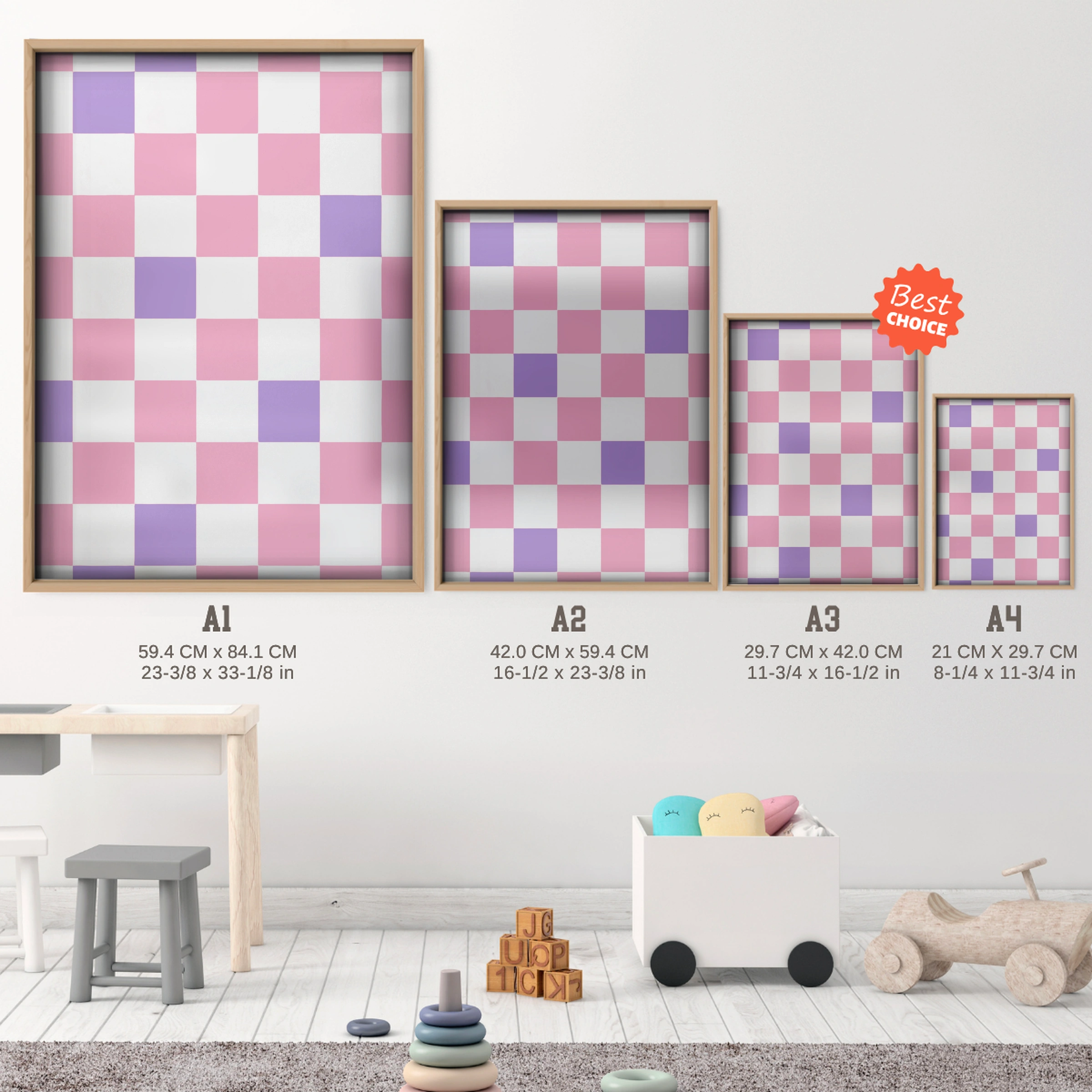 Checkerboard Nursery Print - size guide A4 A3 A2 A1 nursery print