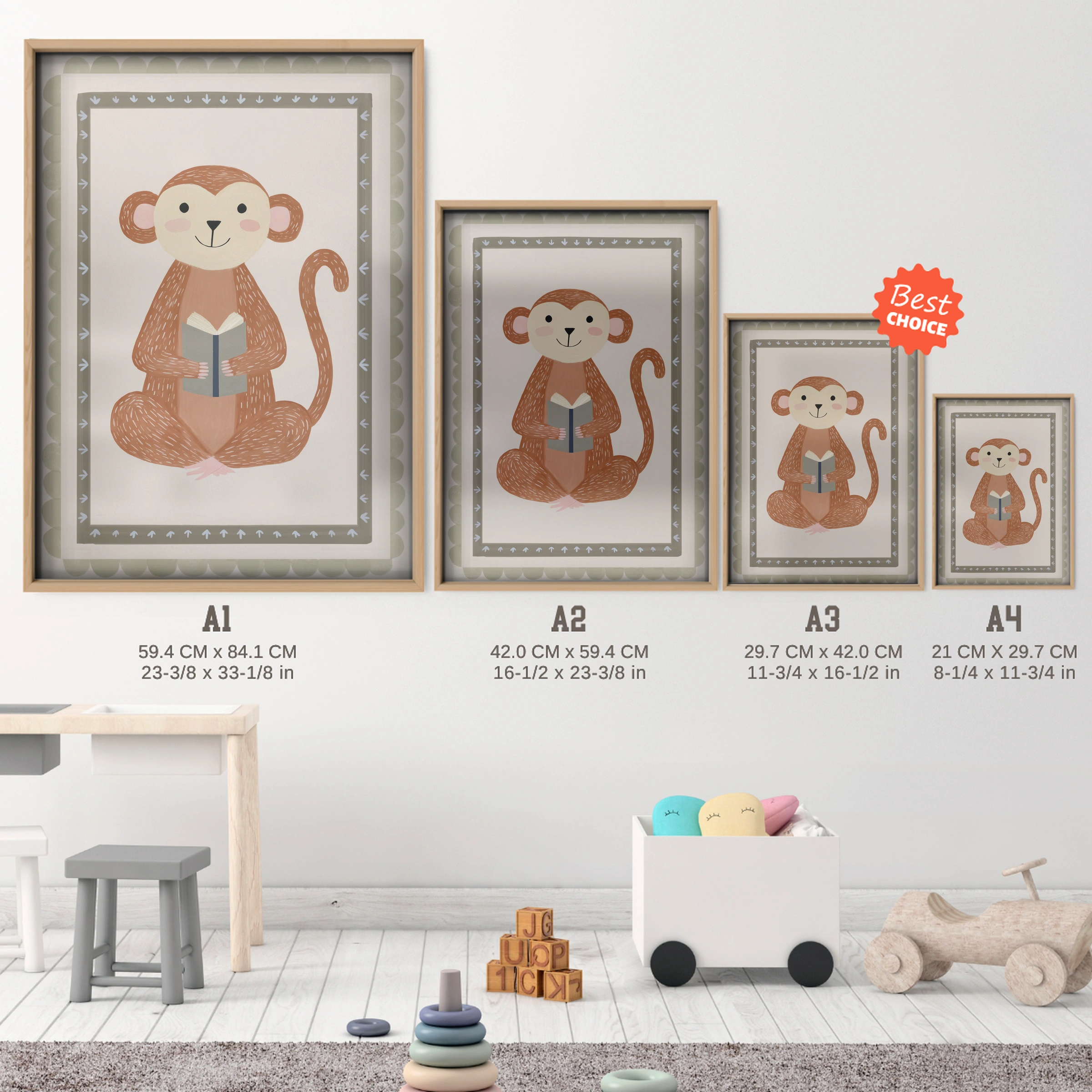 Cheeky Monkey Nursery Print - size guide A4 A3 A2 A1 nursery print