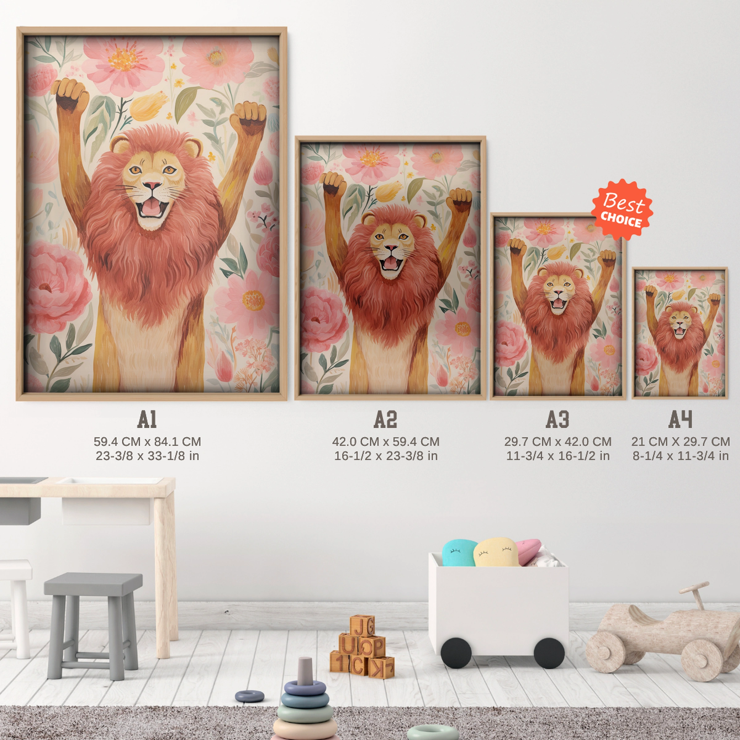 Cheering Lion Nursery Print - size guide A4 A3 A2 A1 nursery print