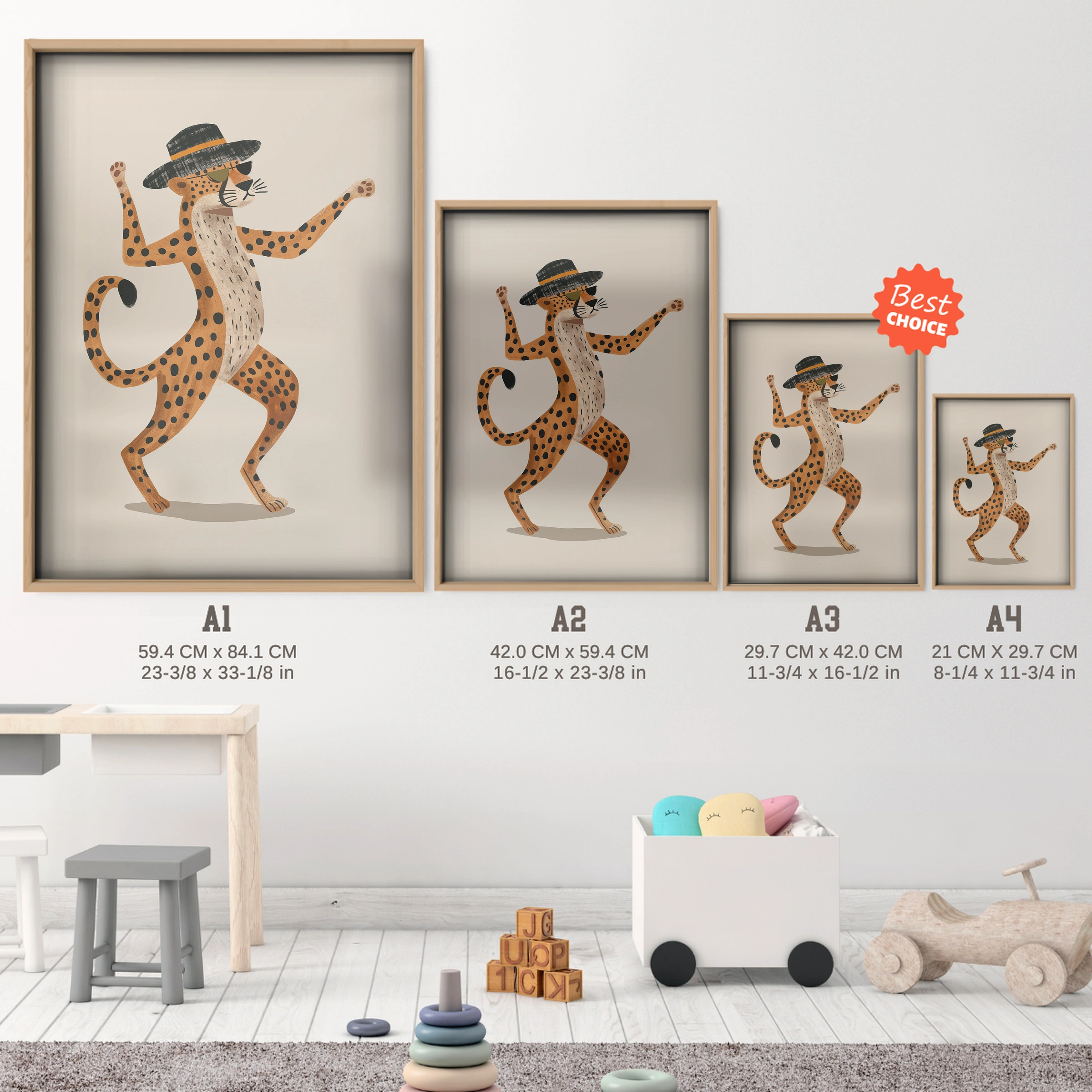 Cheetah in a Hat Nursery Print - size guide A4 A3 A2 A1 nursery print