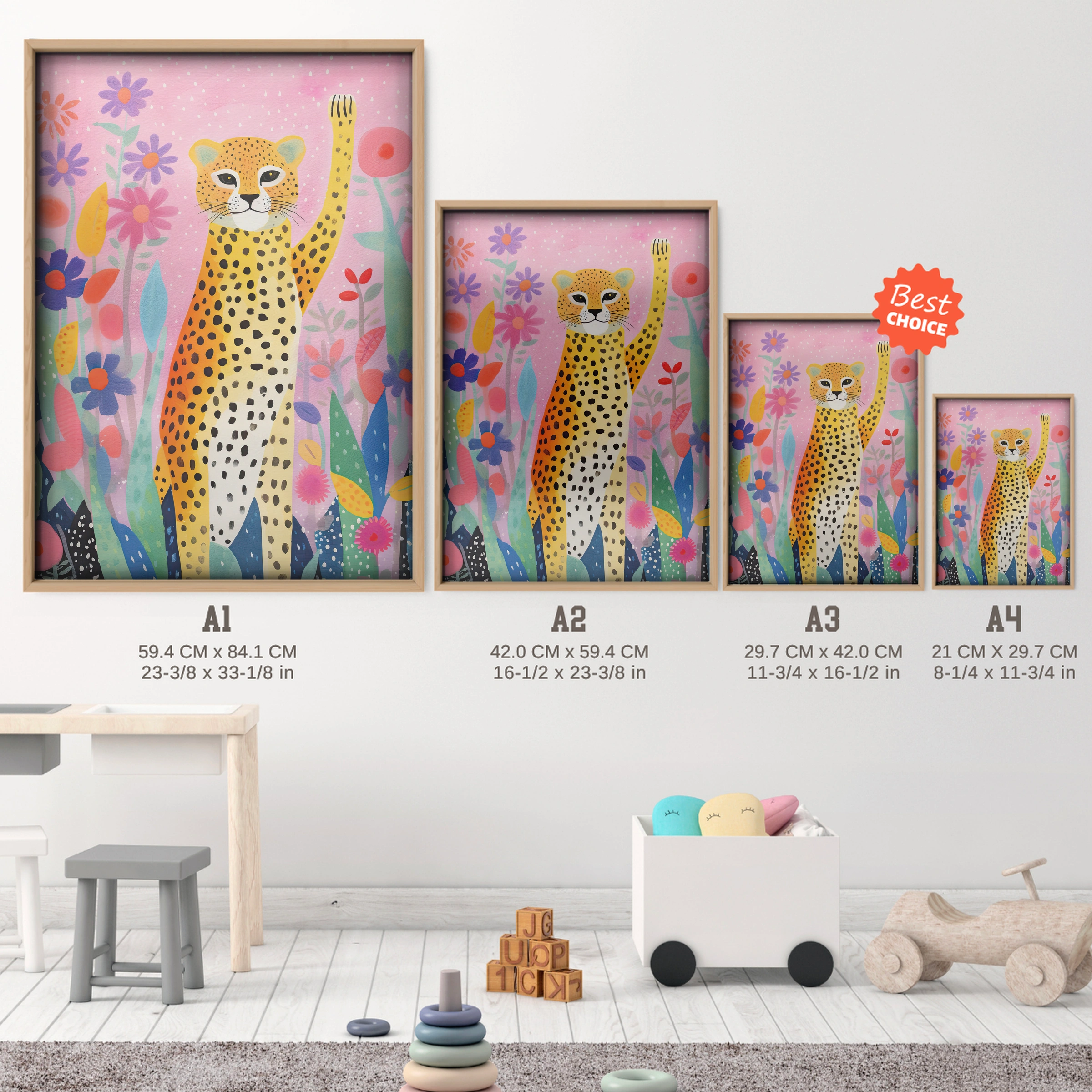 Cheetah in Flowers Nursery Print - size guide A4 A3 A2 A1 nursery print
