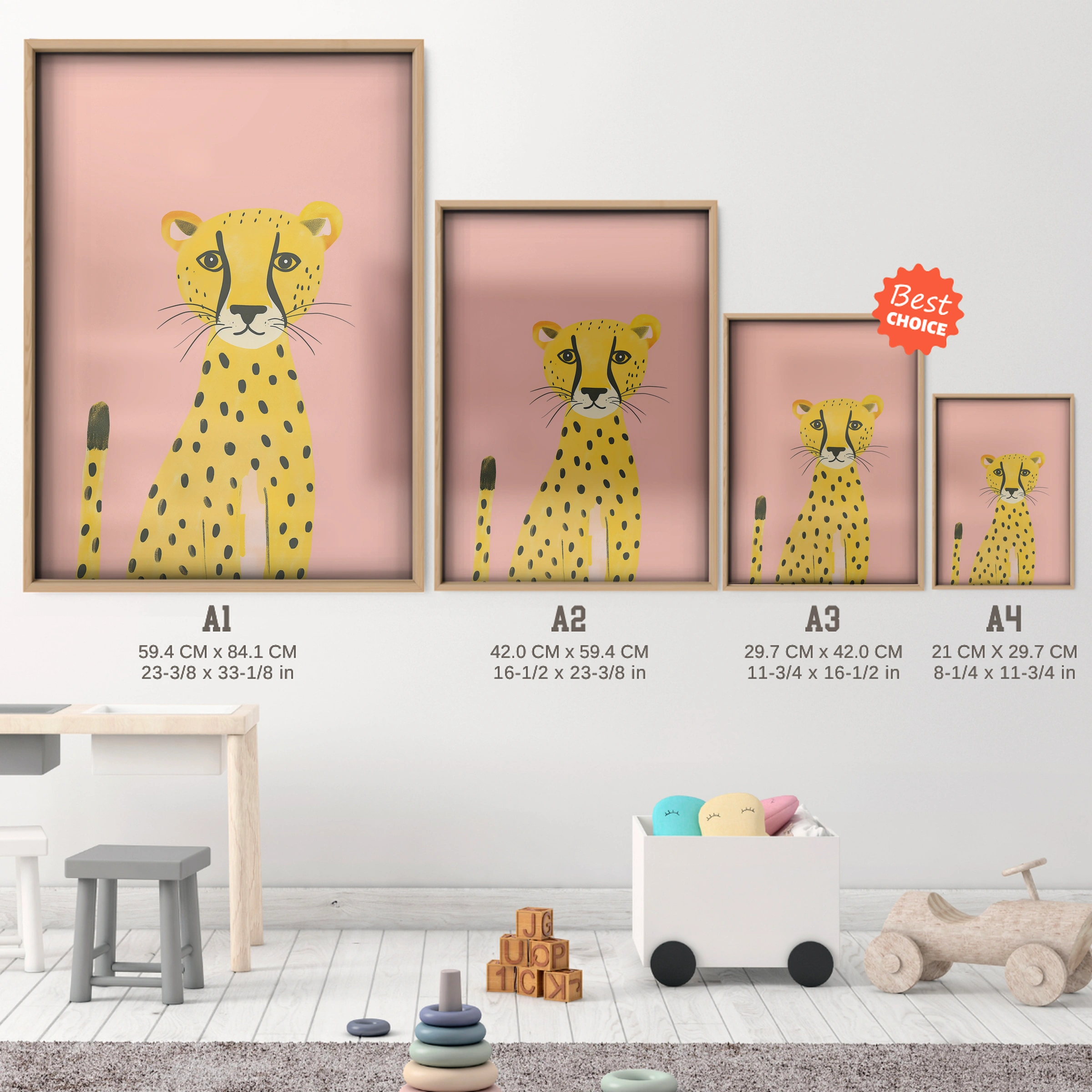 Cheetah Nursery Print - size guide A4 A3 A2 A1 nursery print