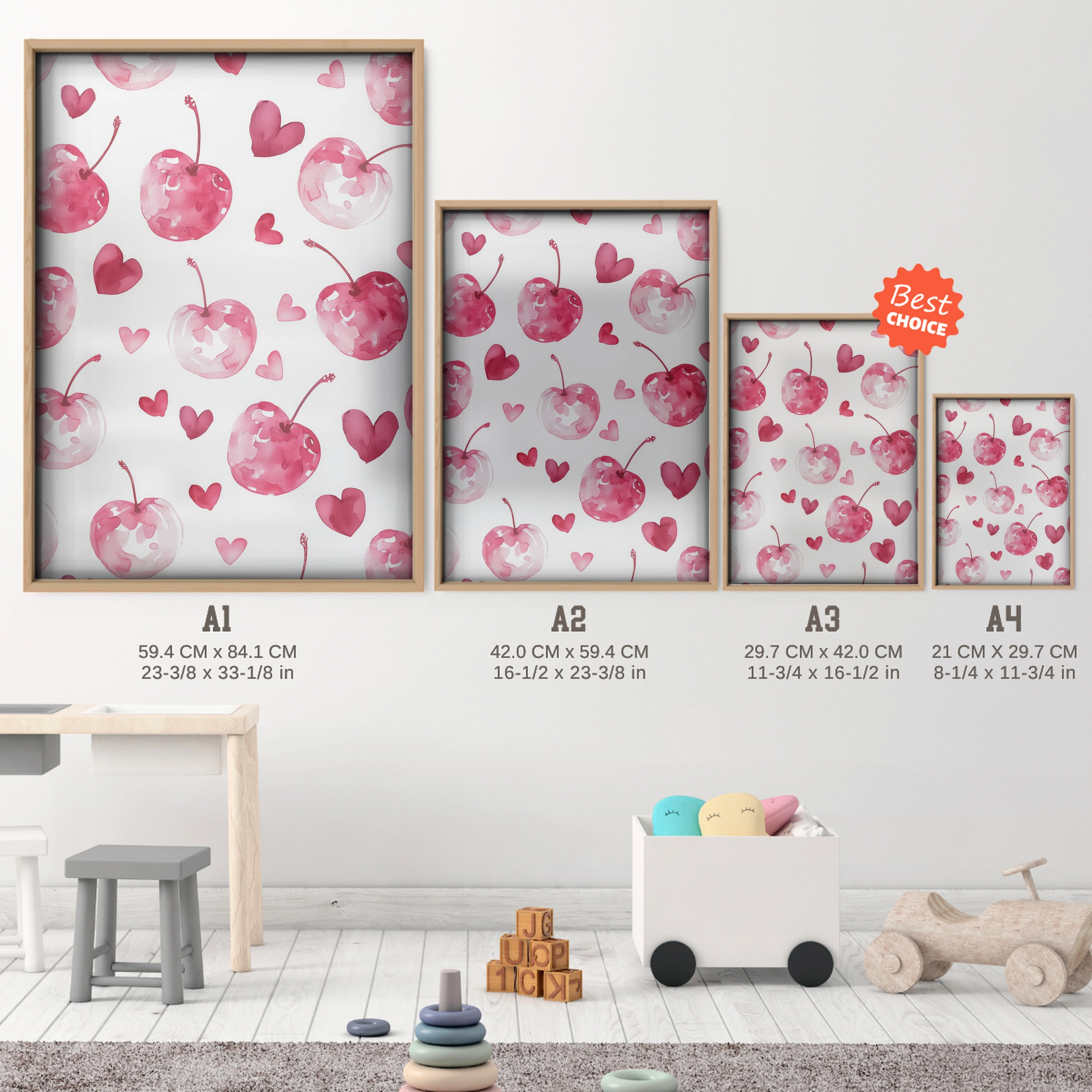Cherries and Hearts Nursery Print - size guide A4 A3 A2 A1 nursery print