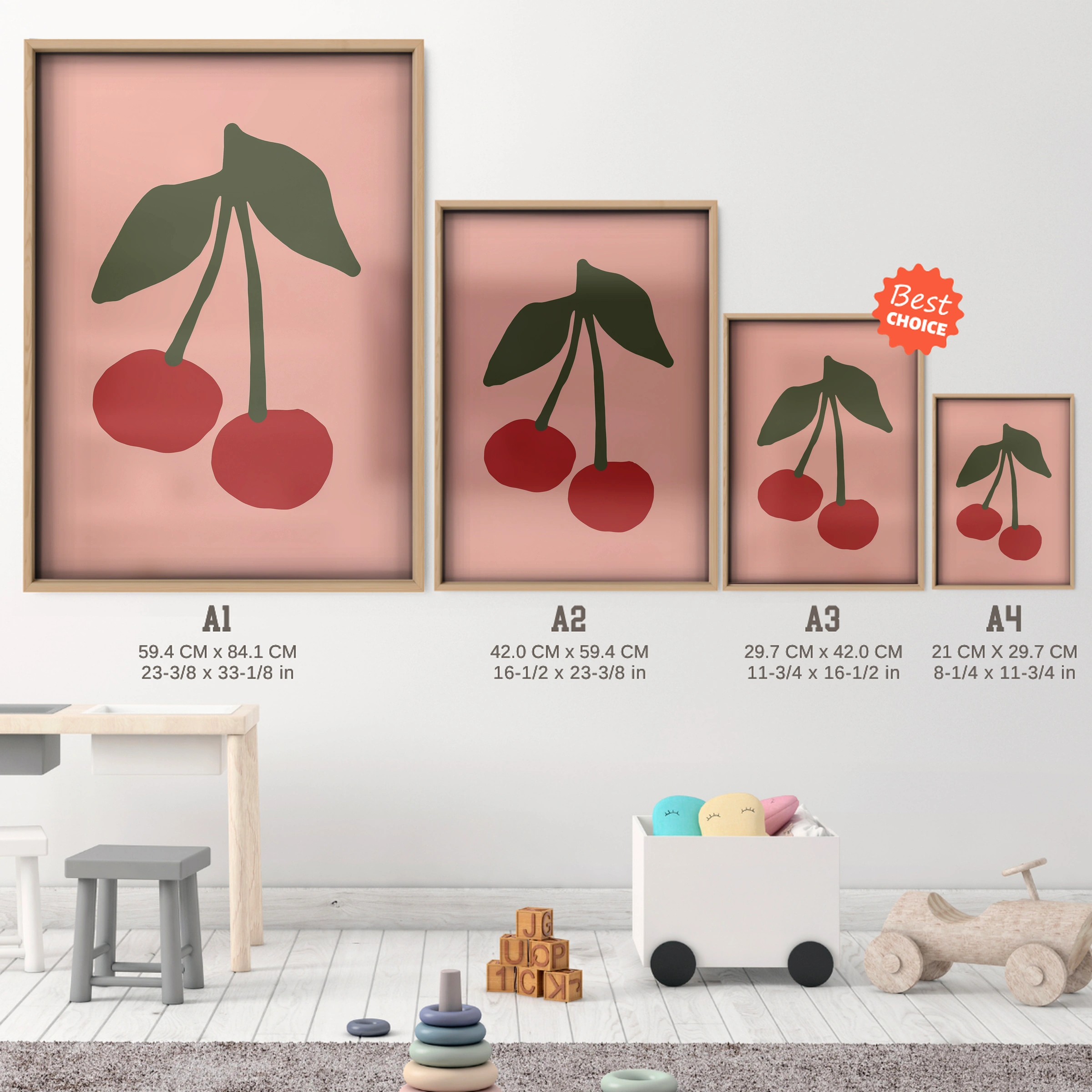 Cherries Nursery Print - size guide A4 A3 A2 A1 nursery print