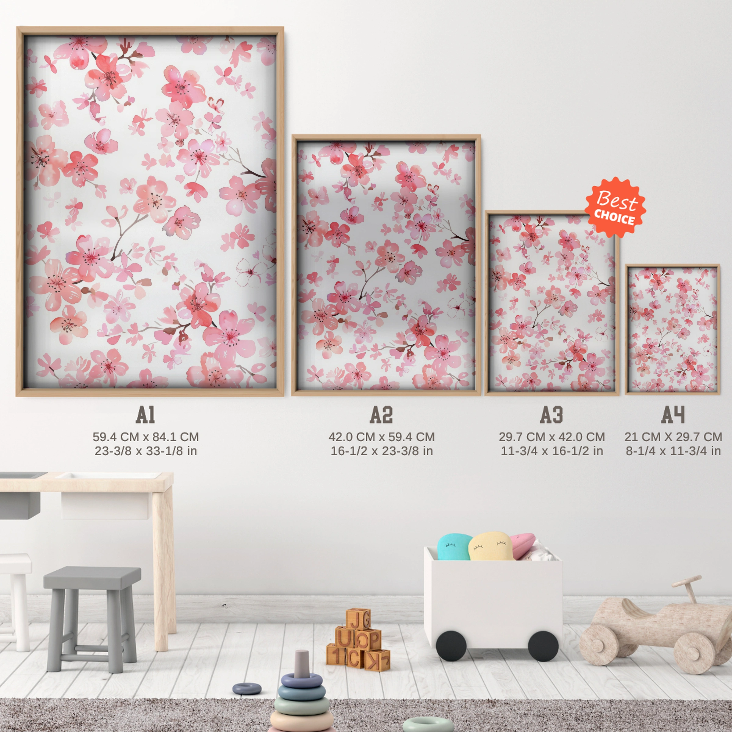 Cherry Blossom Nursery Print - size guide A4 A3 A2 A1 nursery print