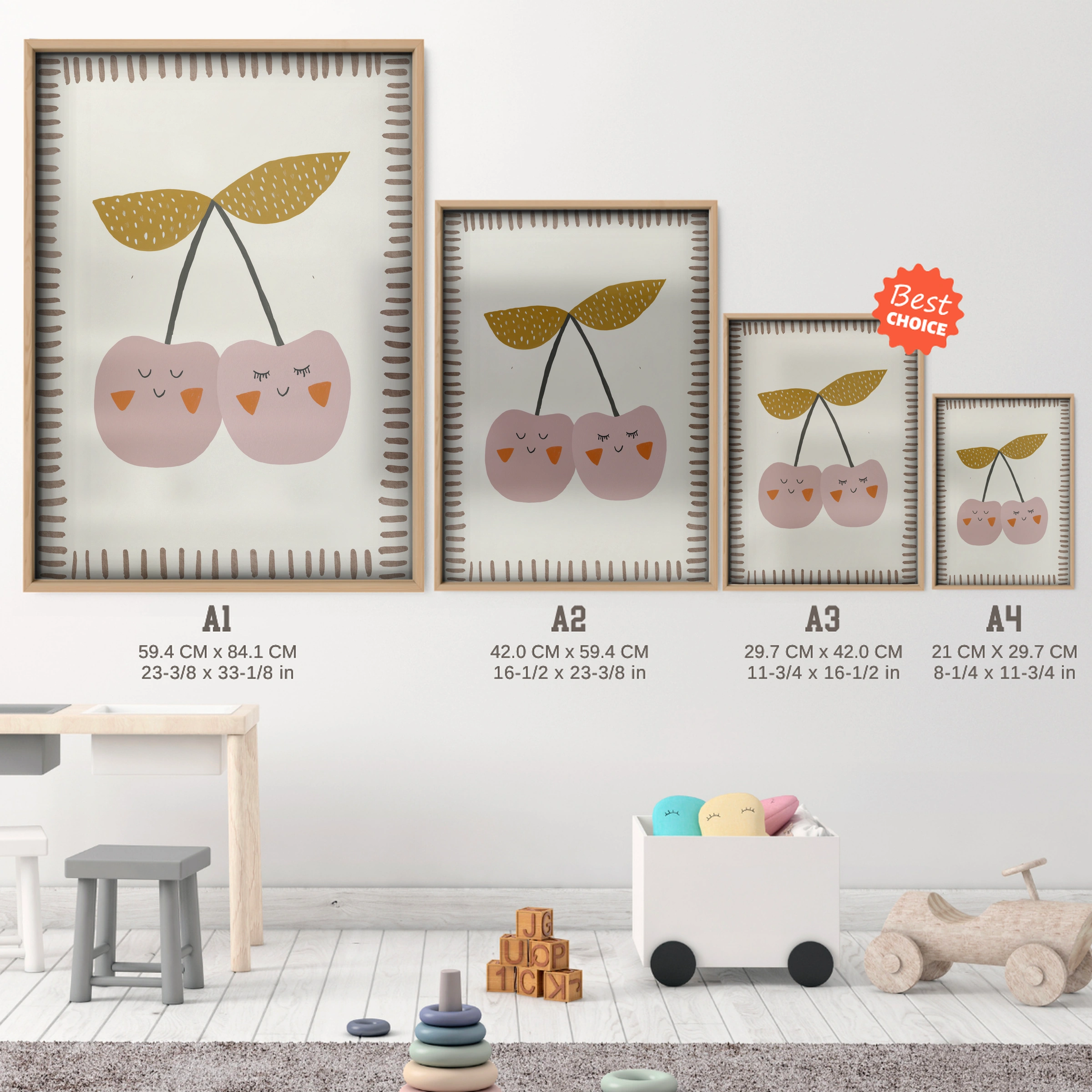 Cherry Pair Nursery Print - size guide A4 A3 A2 A1 nursery print