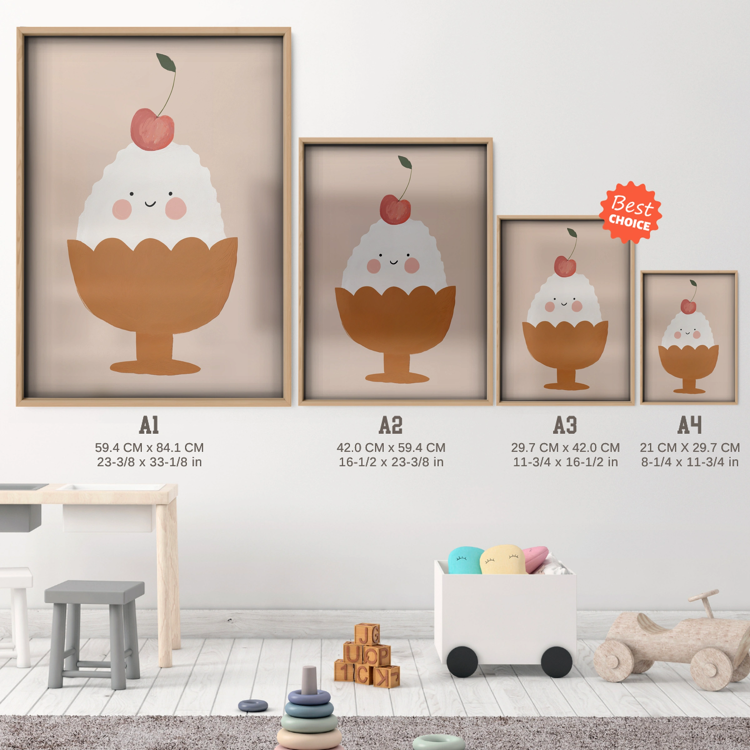 Cherry Sundae Nursery Print - size guide A4 A3 A2 A1 nursery print