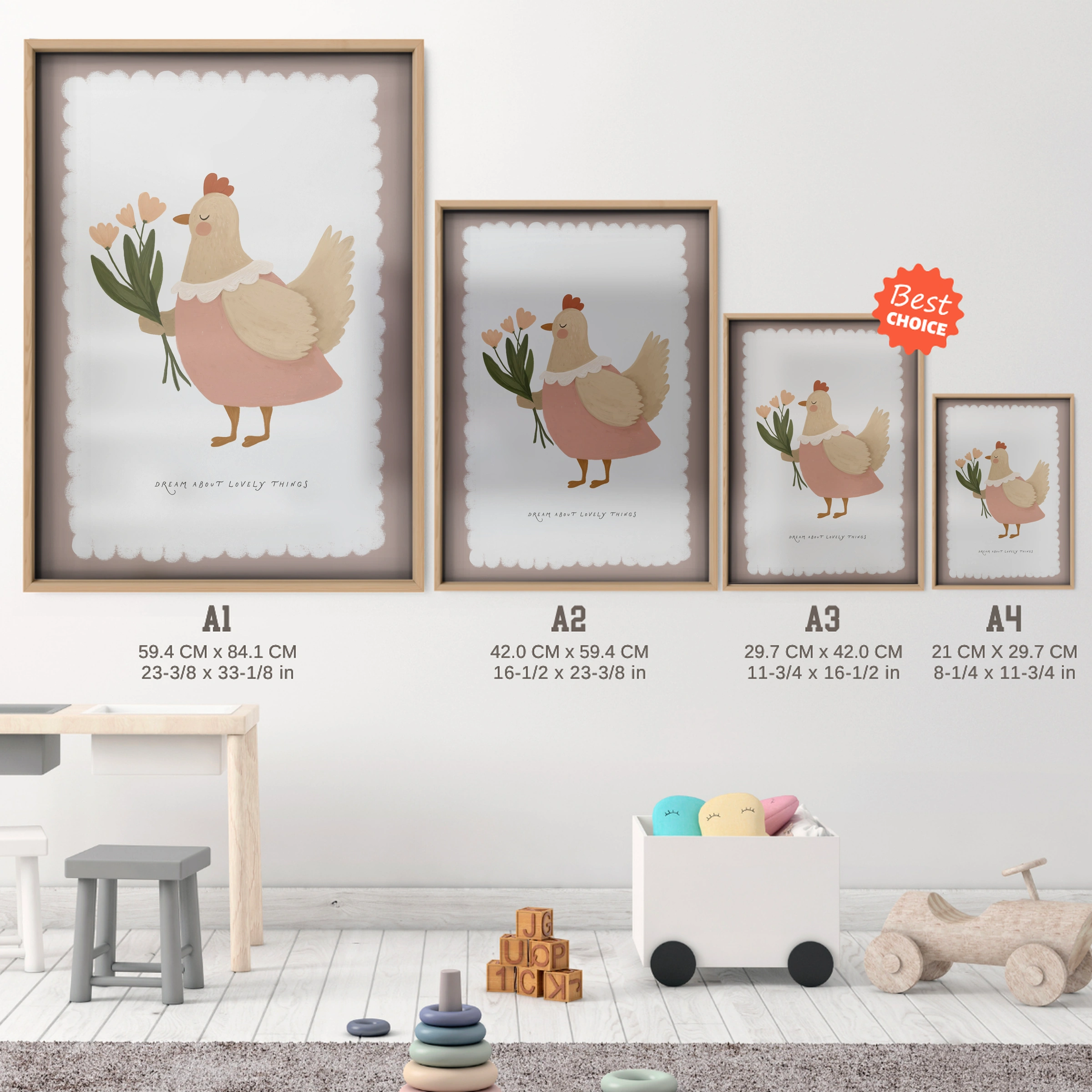 Chicken with a Flower Nursery Print - size guide A4 A3 A2 A1 nursery print