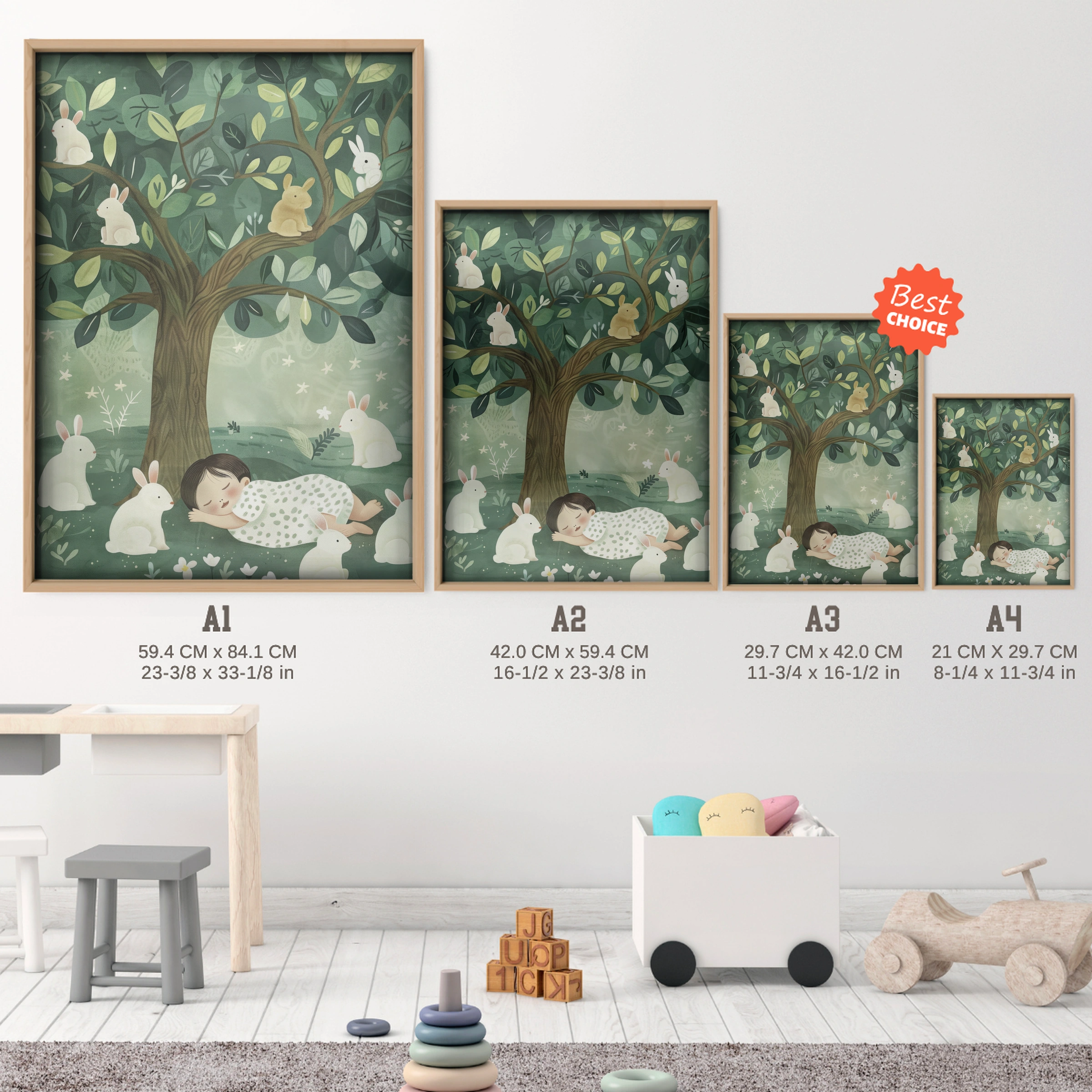 Child Sleeping with Bunnies Nursery Print - size guide A4 A3 A2 A1 nursery print