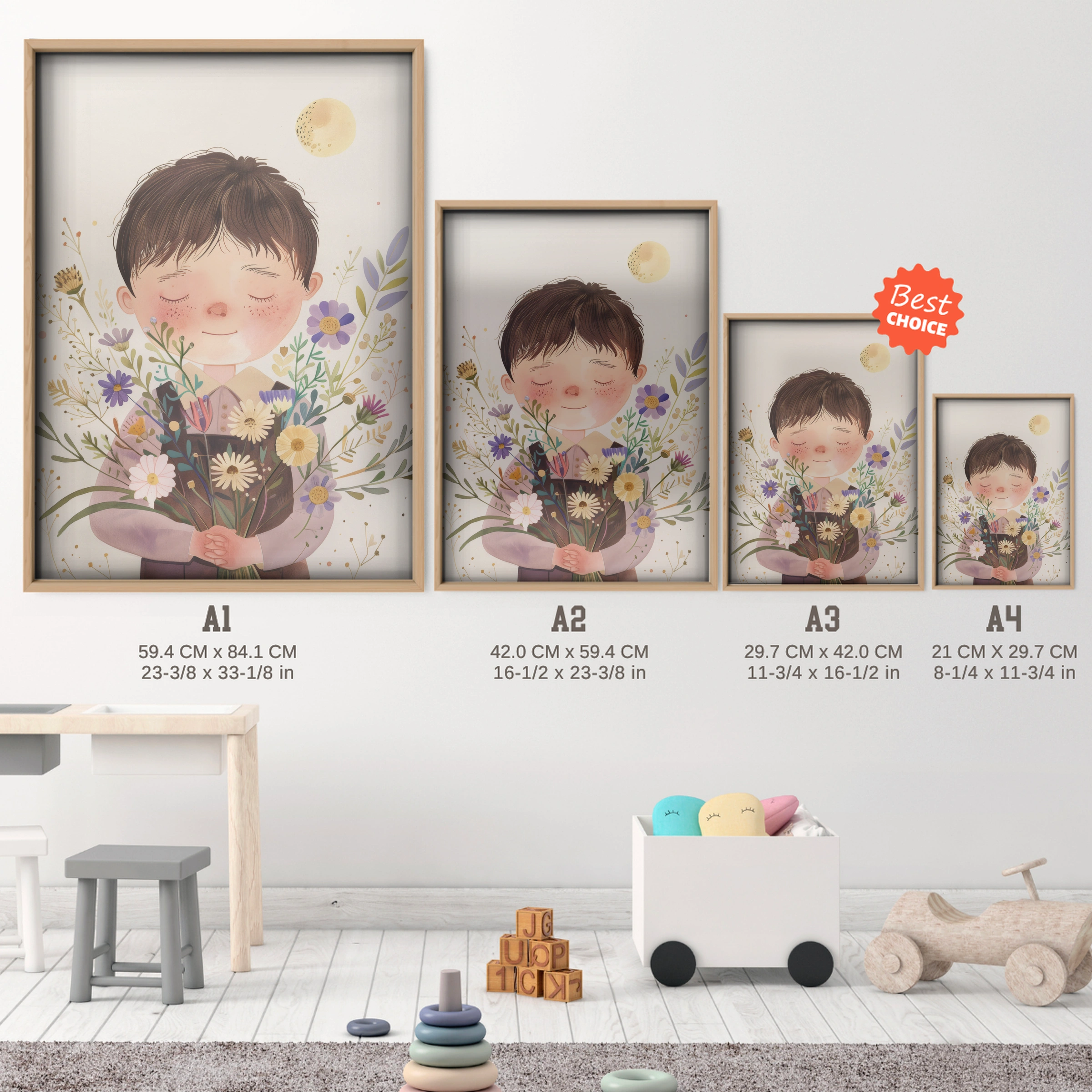 Child with Flowers Nursery Print - size guide A4 A3 A2 A1 nursery print