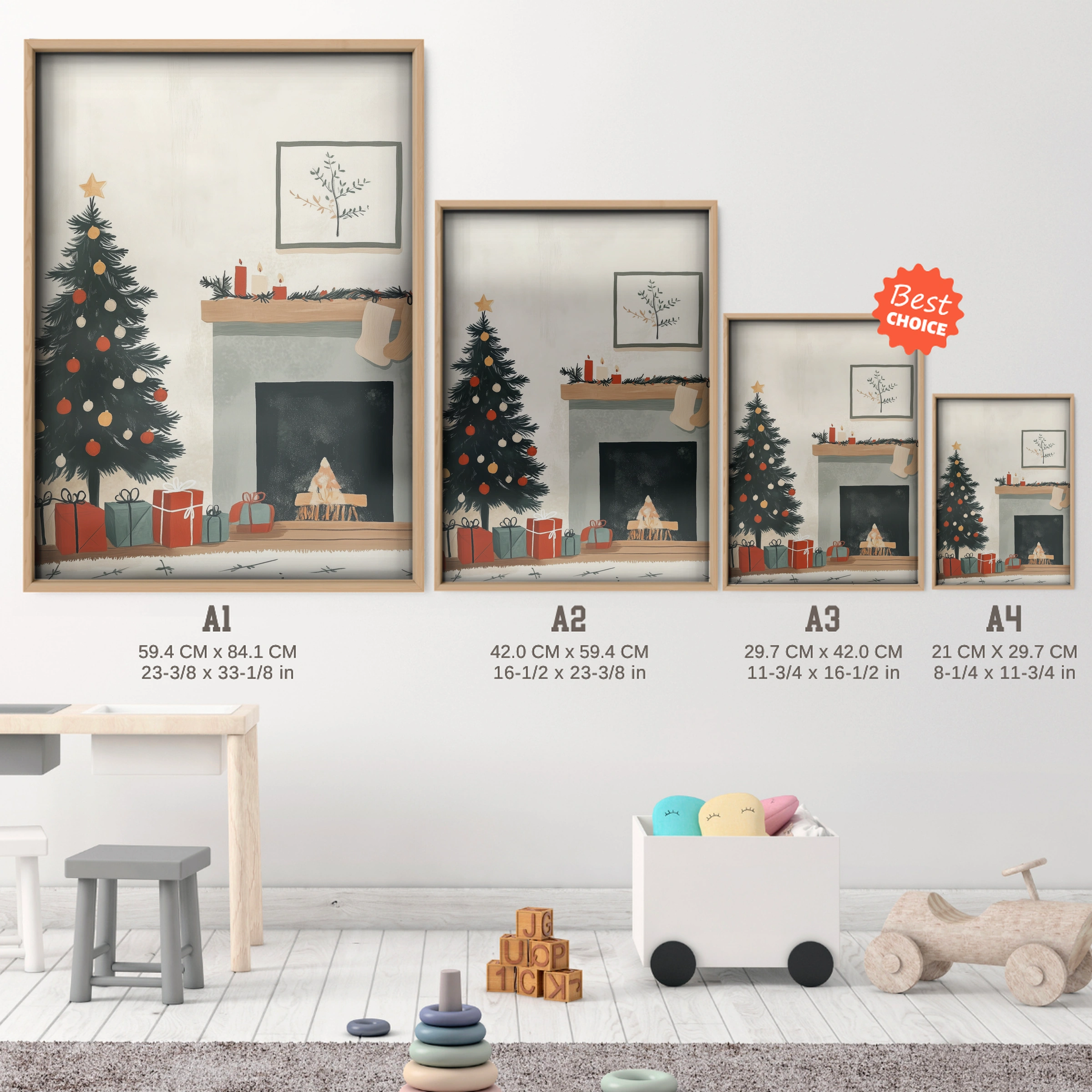 Christmas Tree and Fireplace Print - size guide A4 A3 A2 A1 nursery print
