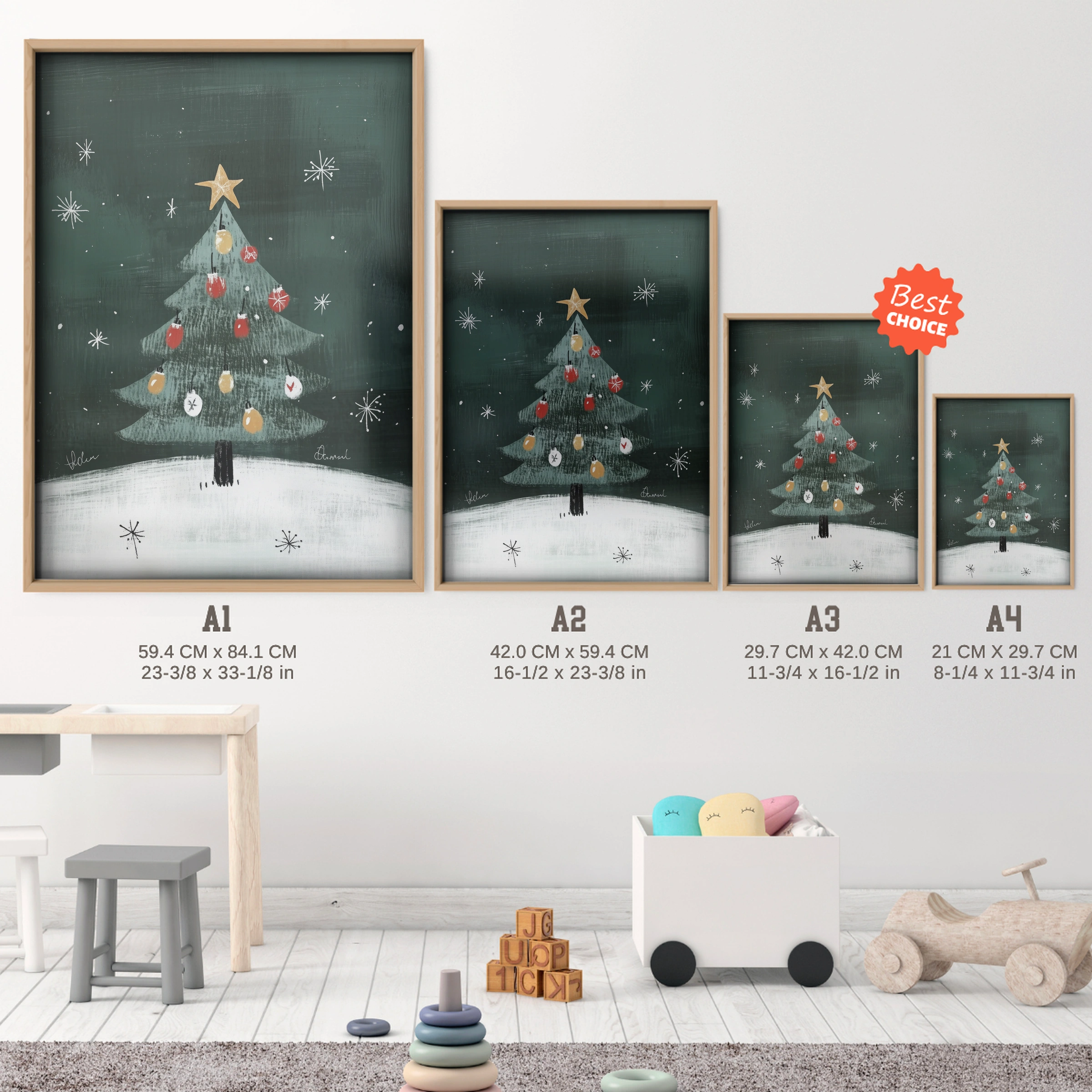 Christmas Tree at Night Print - size guide A4 A3 A2 A1 nursery print