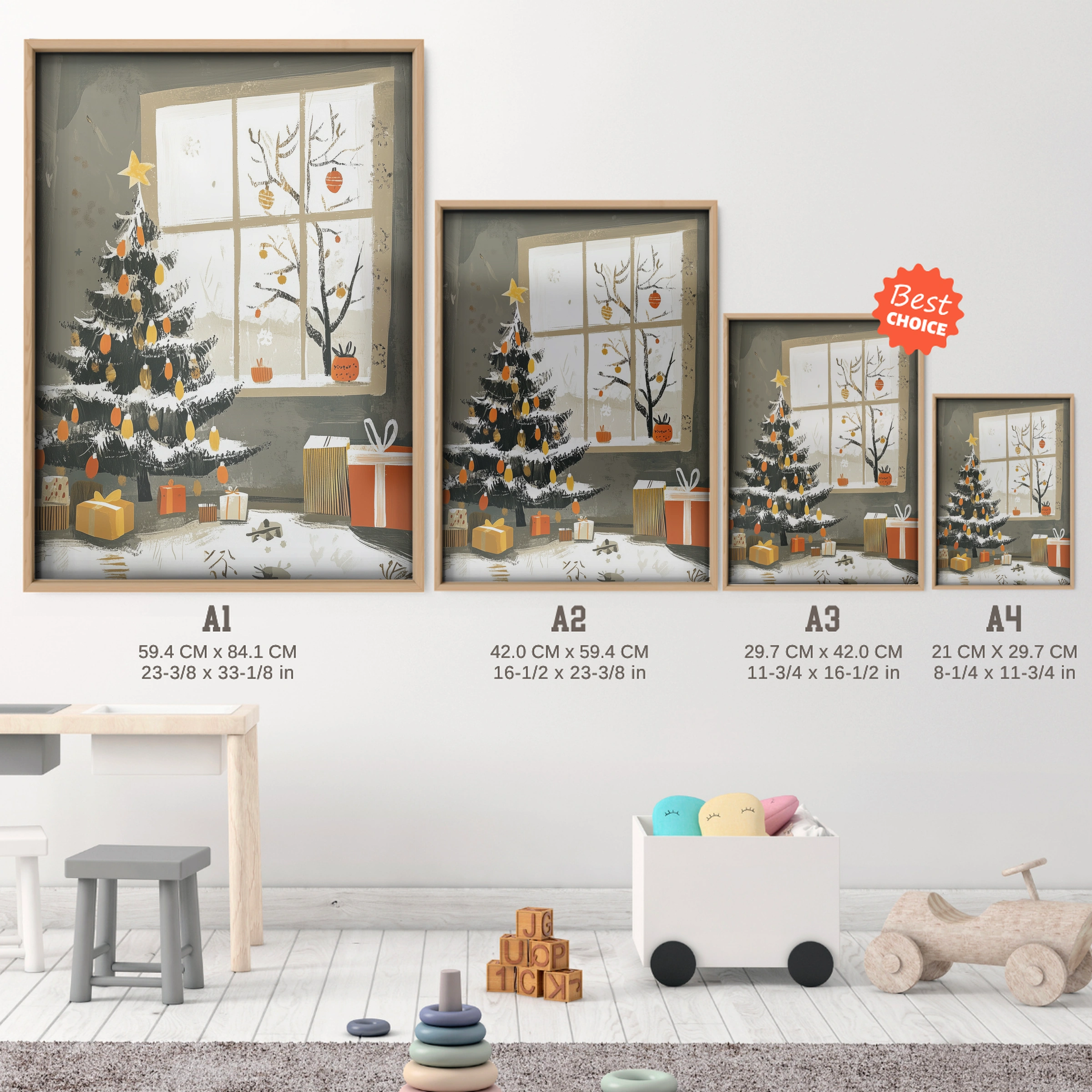 Christmas Tree by the Window Christmas Print - size guide A4 A3 A2 A1 nursery print