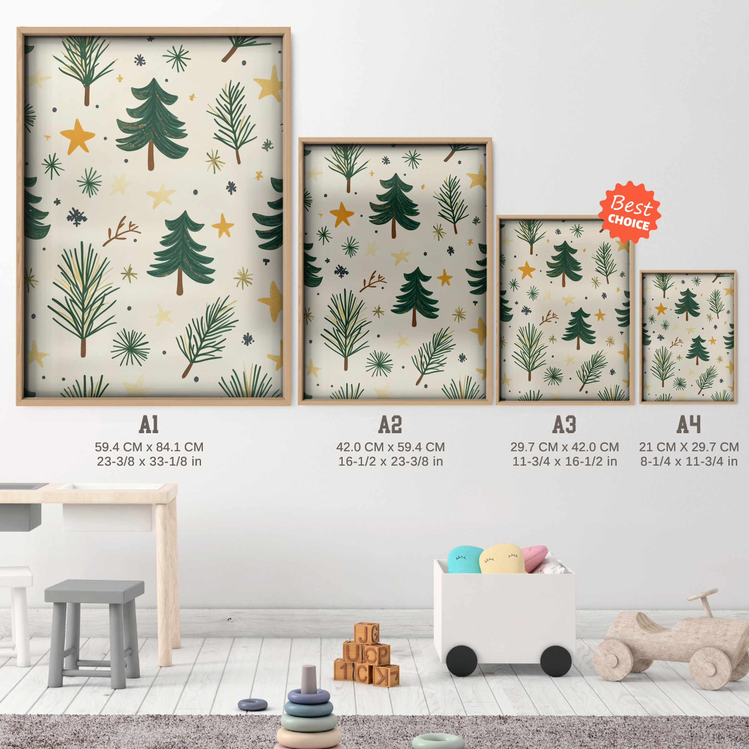 Christmas Tree Pattern Print - size guide A4 A3 A2 A1 nursery print