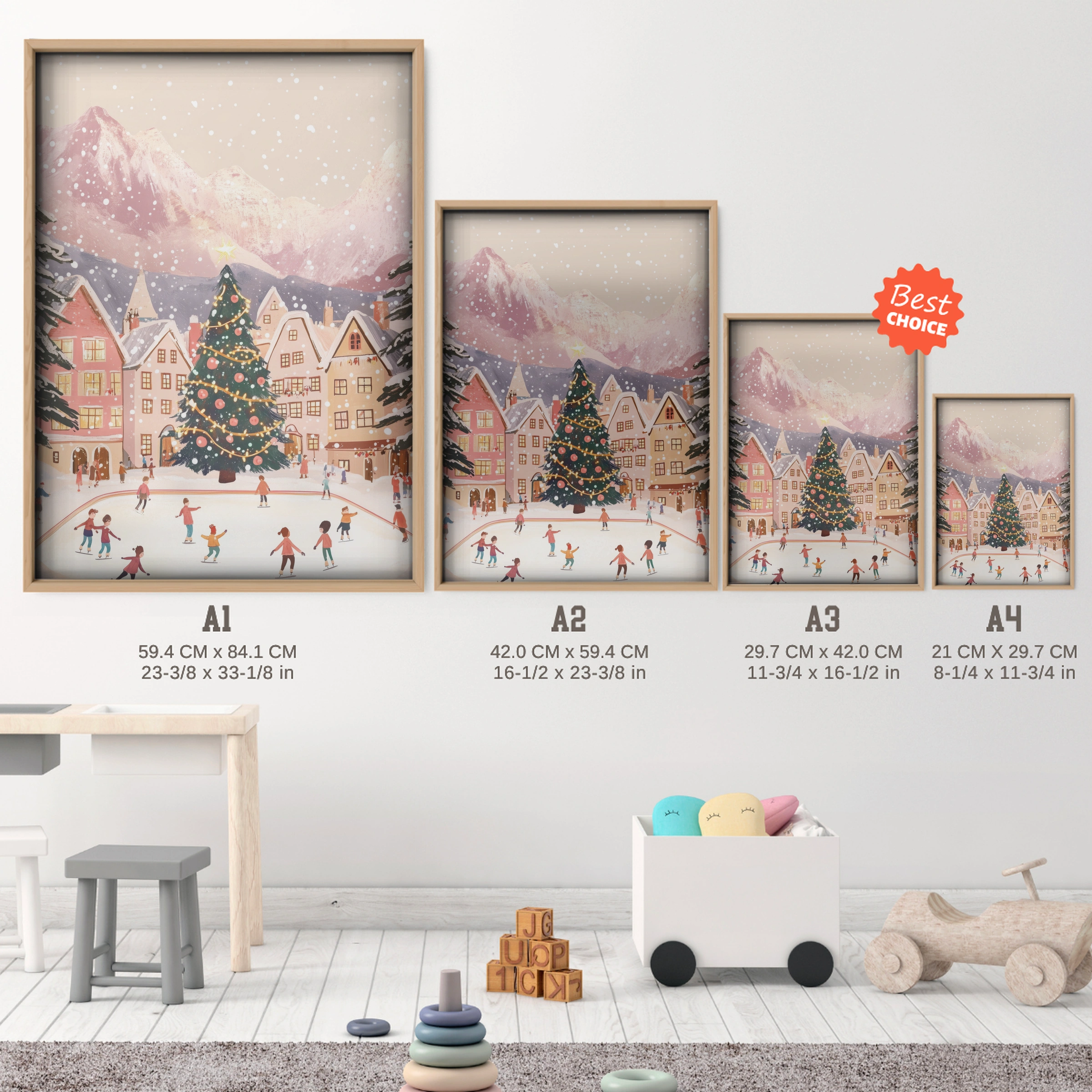 Christmas Village Christmas Print - size guide A4 A3 A2 A1 nursery print