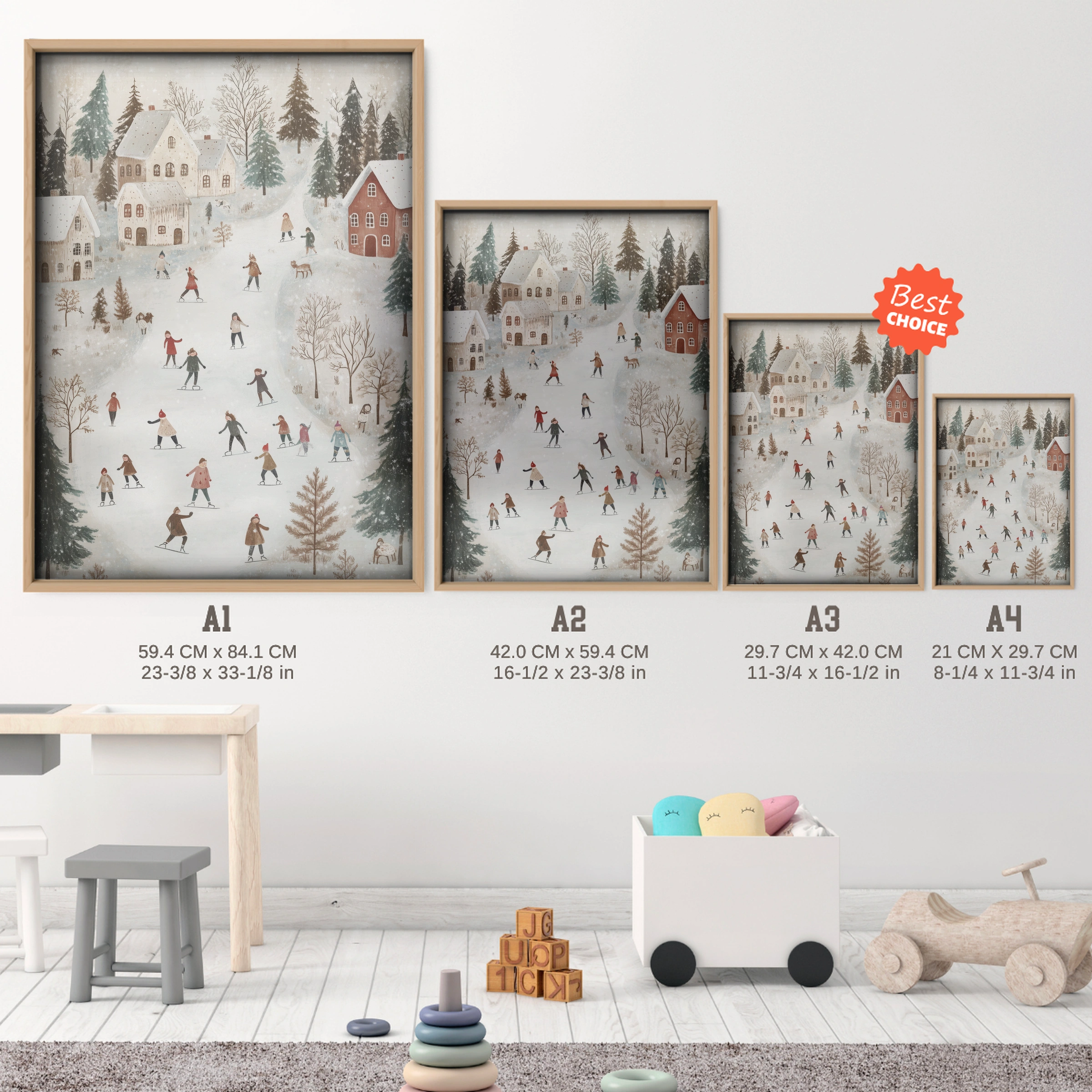 Christmas Village Skaters Two Print - size guide A4 A3 A2 A1 nursery print