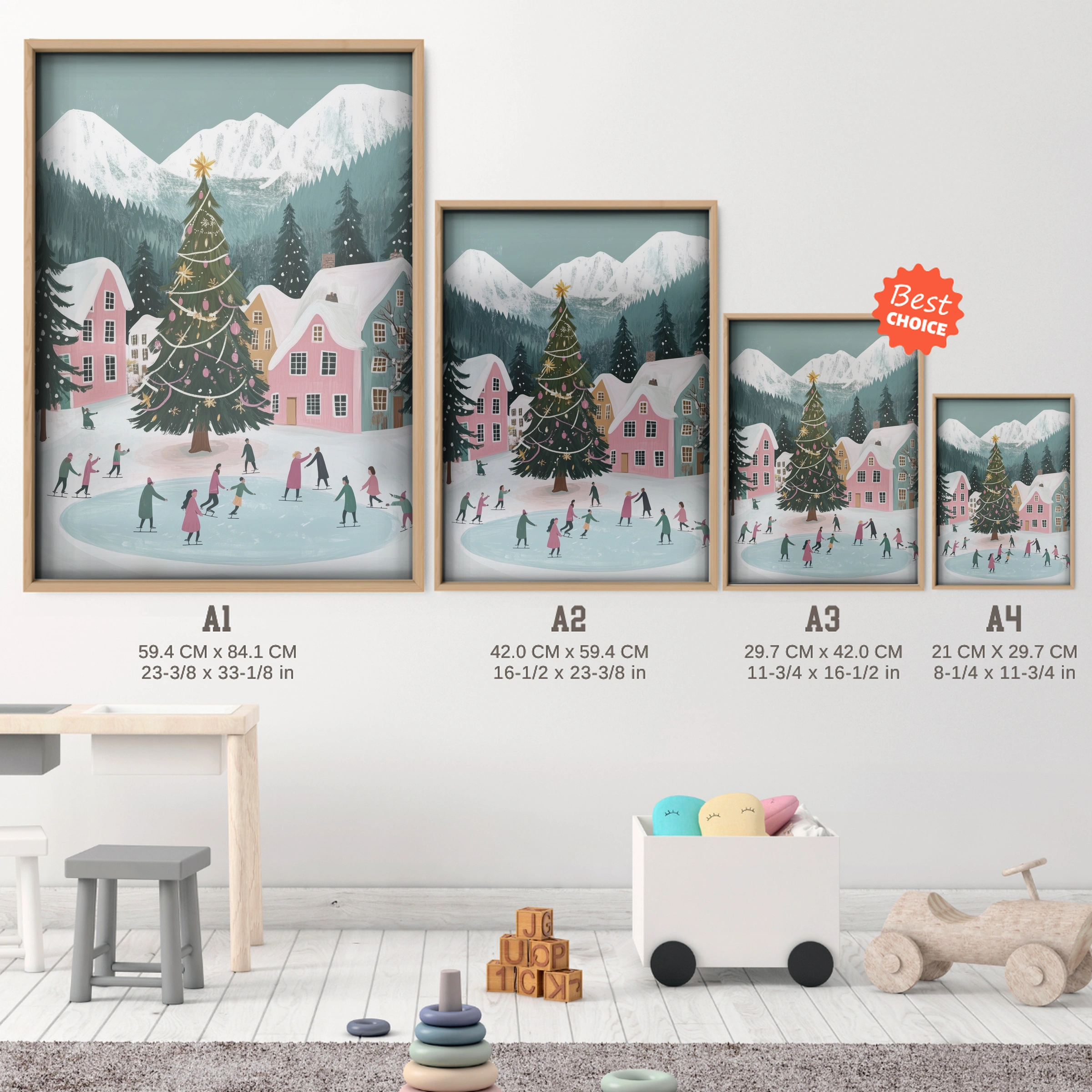 Christmas Village Skating Print - size guide A4 A3 A2 A1 nursery print