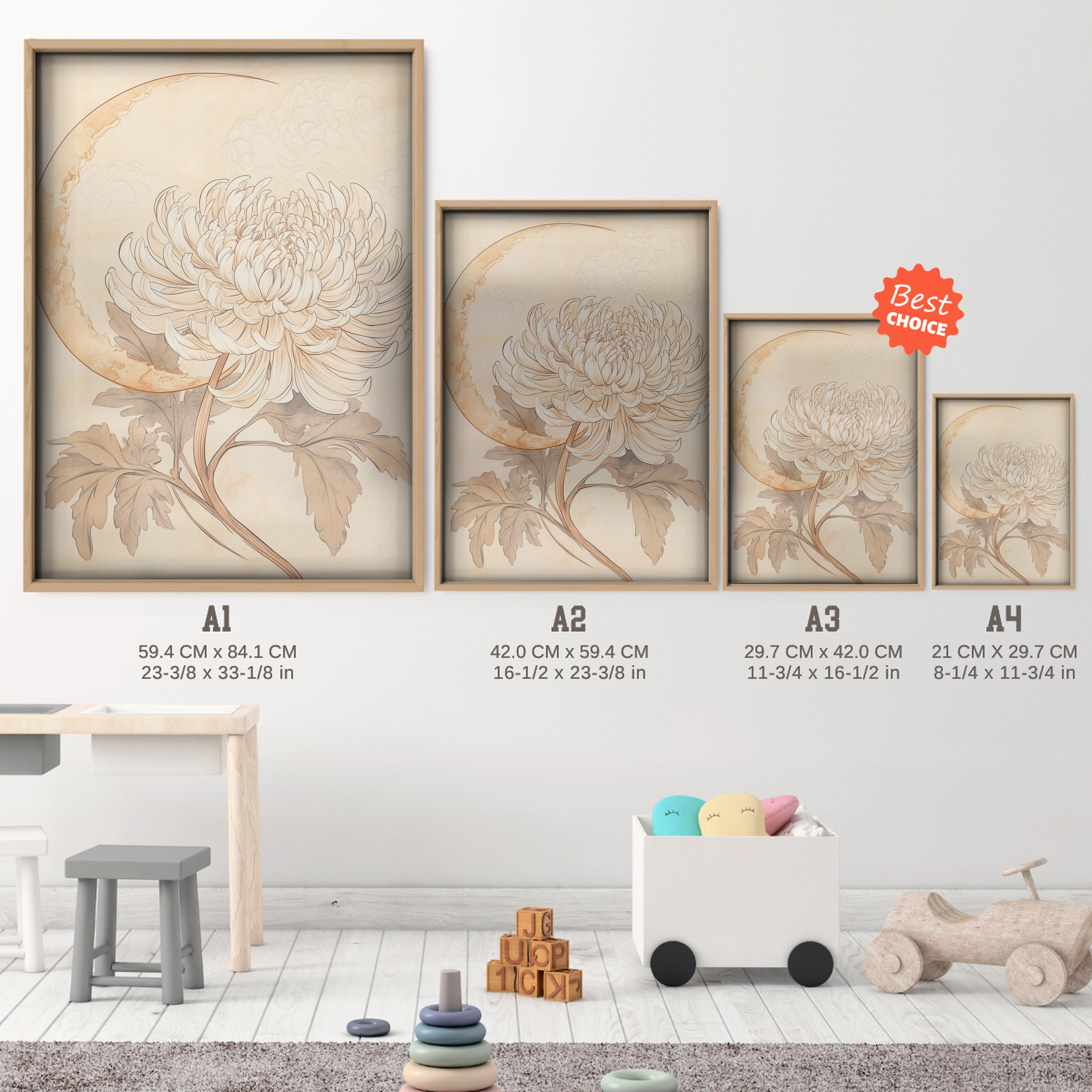 Chrysanthemum and Moon Nursery Print - size guide A4 A3 A2 A1 nursery print