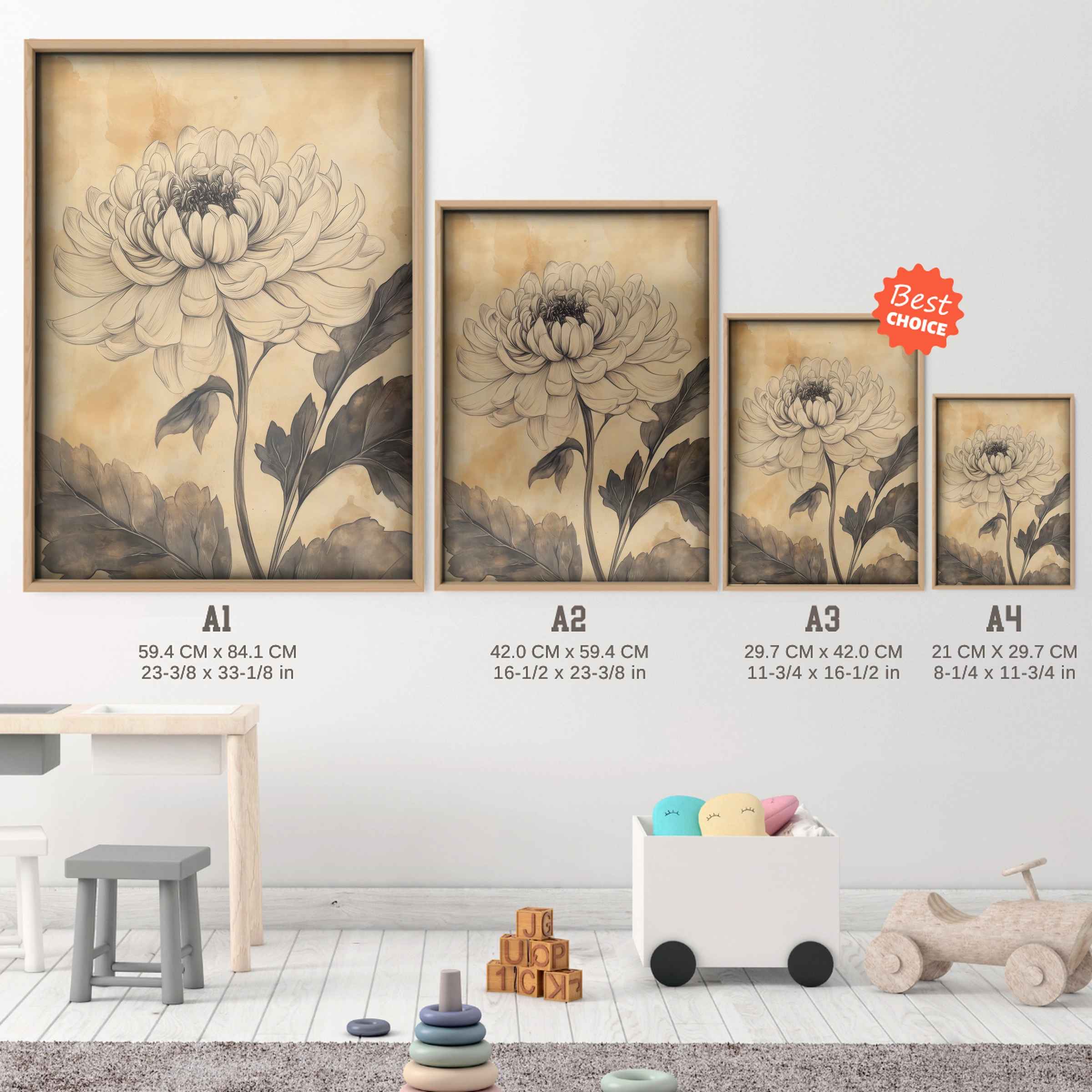 Chrysanthemum Sketch Nursery Print - size guide A4 A3 A2 A1 nursery print