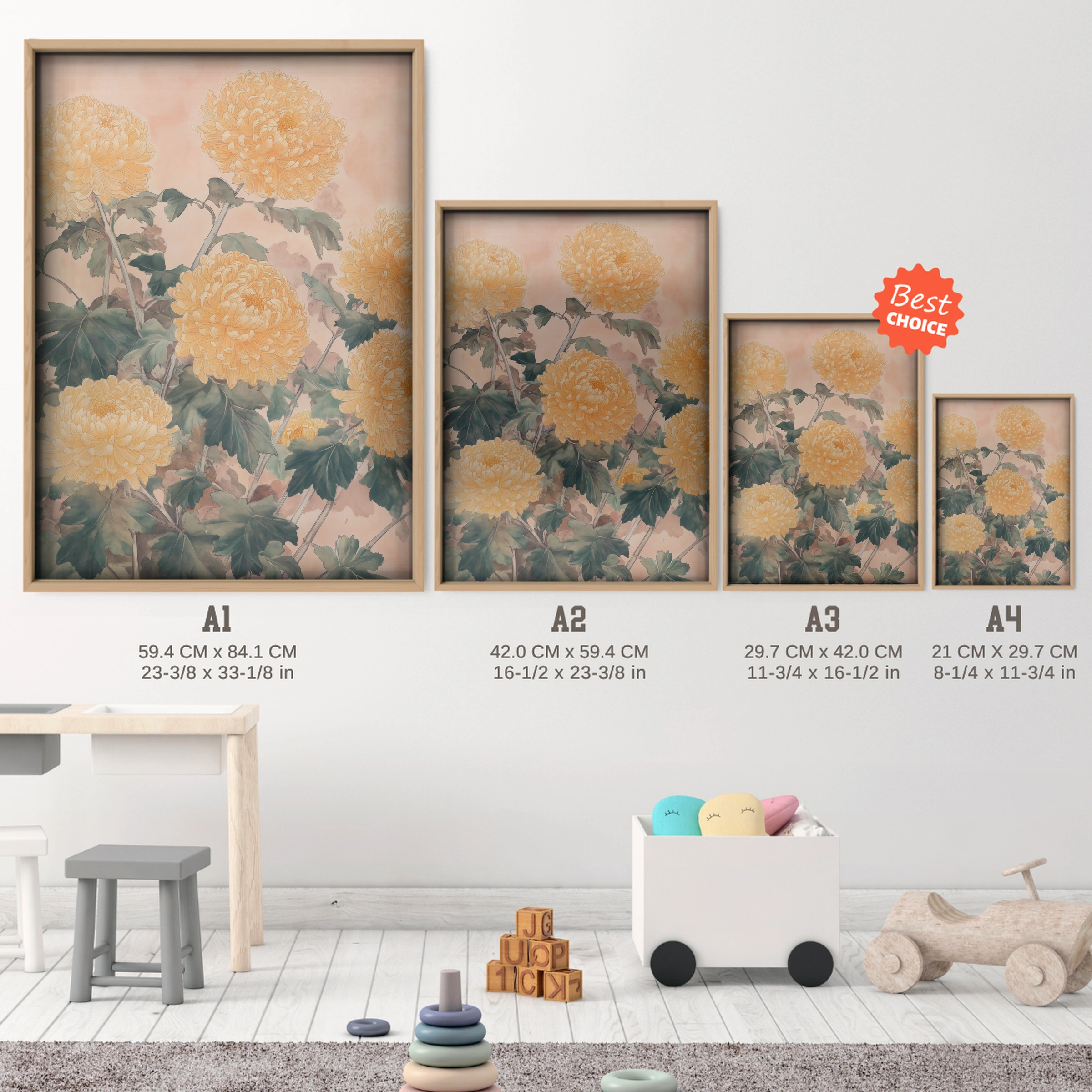 Chrysanthemums Nursery Print - size guide A4 A3 A2 A1 nursery print