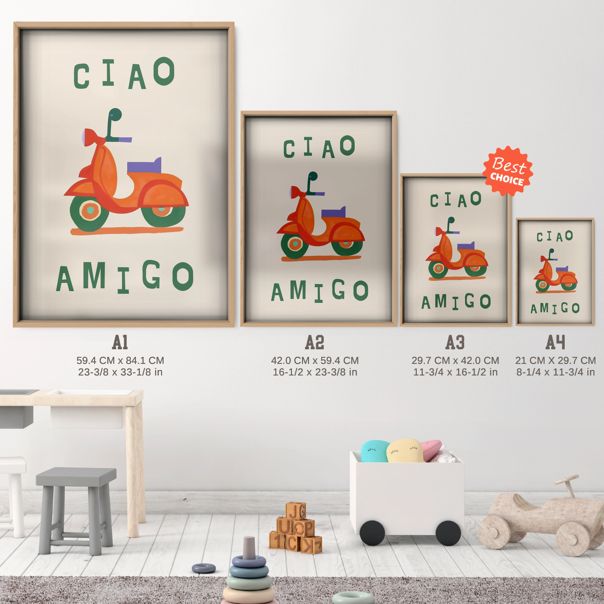 Ciao Amigo Scooter Nursery Print - size guide A4 A3 A2 A1 nursery print