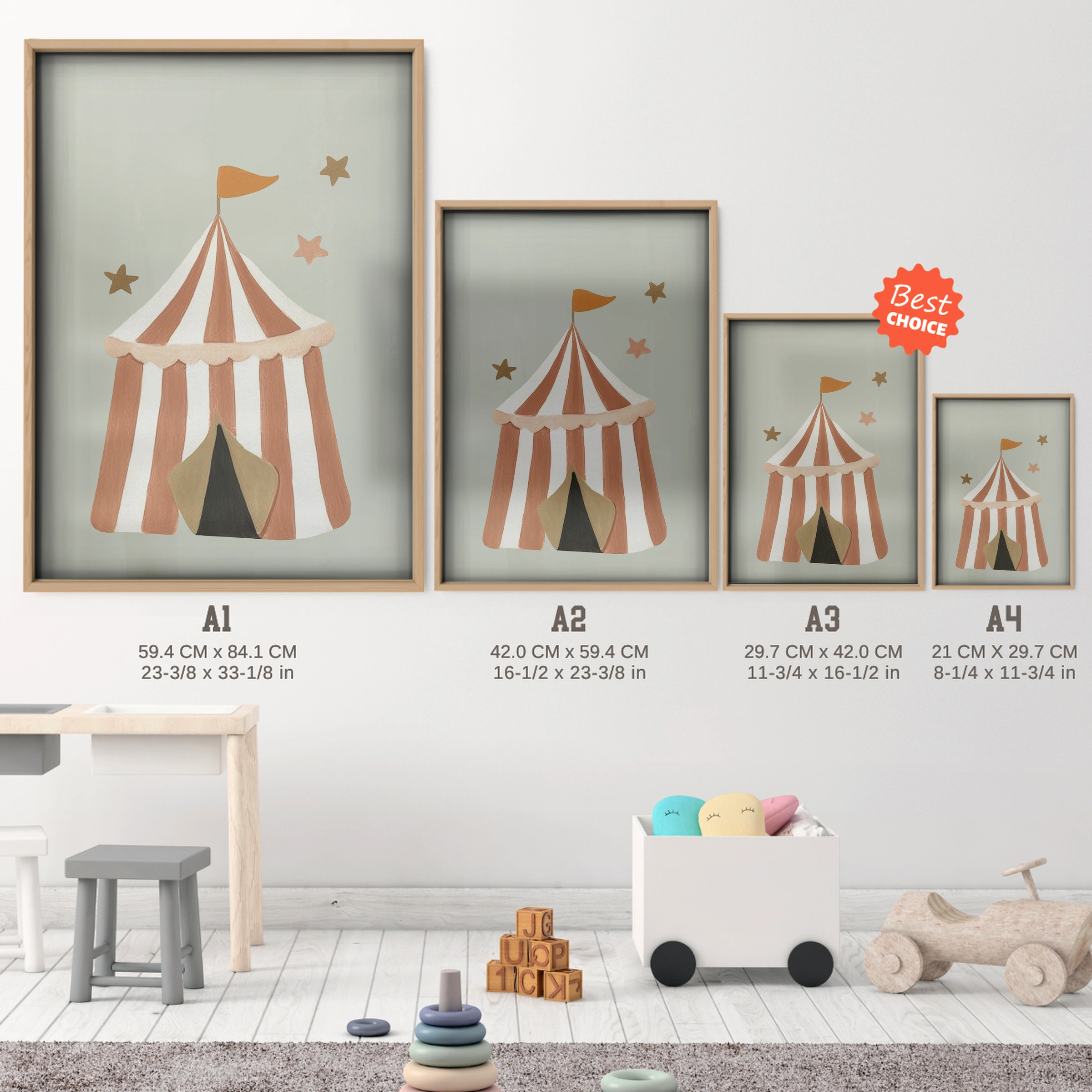 Circus Tent Nursery Print - size guide A4 A3 A2 A1 nursery print