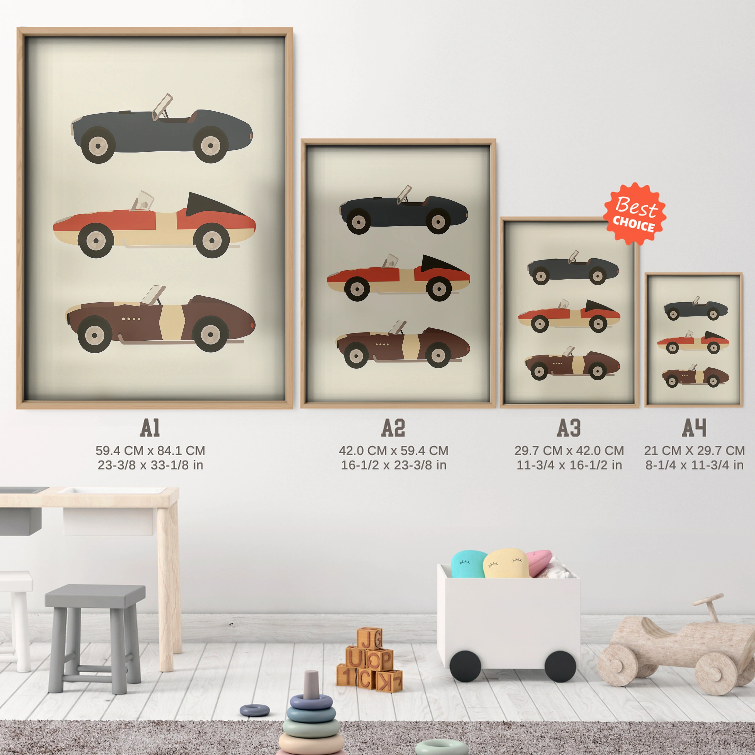 Classic Convertibles Nursery Print - size guide A4 A3 A2 A1 nursery print