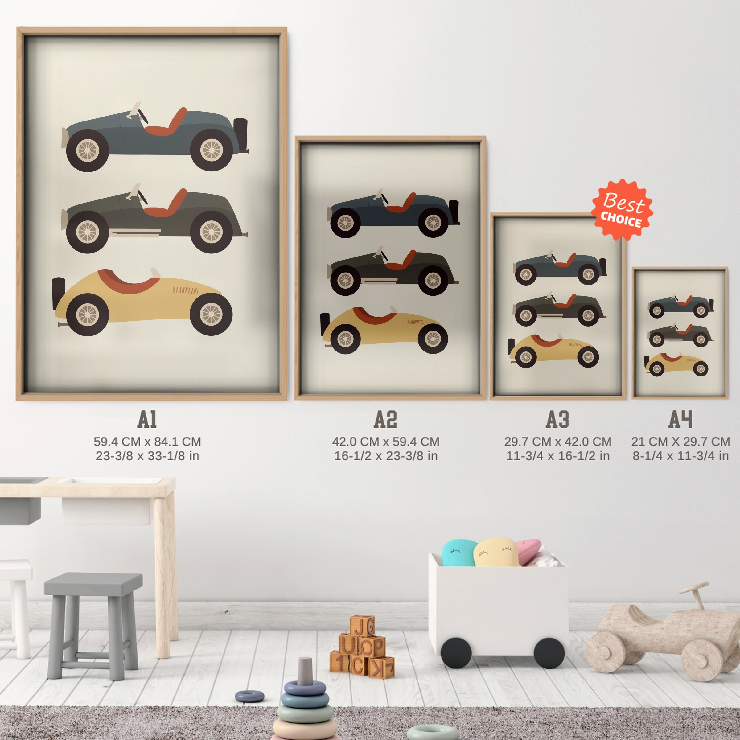 Classic Race Cars Nursery Print - size guide A4 A3 A2 A1 nursery print