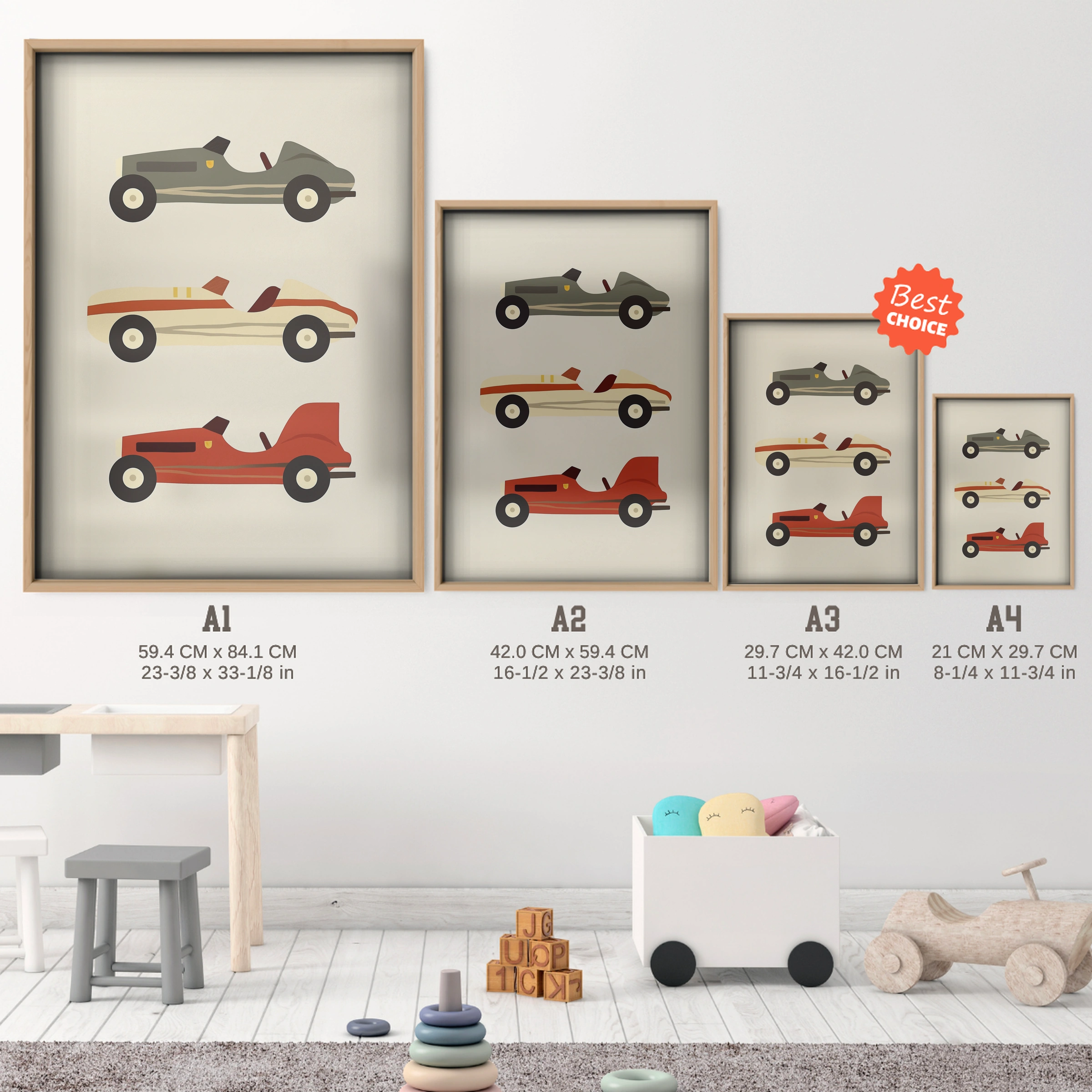 Classic Racing Cars Nursery Print - size guide A4 A3 A2 A1 nursery print
