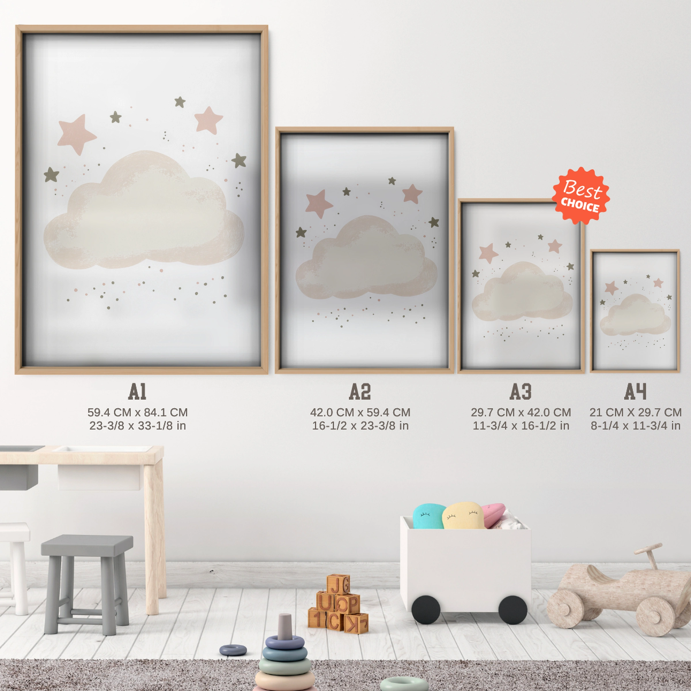 Cloud and Stars Nursery Print - size guide A4 A3 A2 A1 nursery print