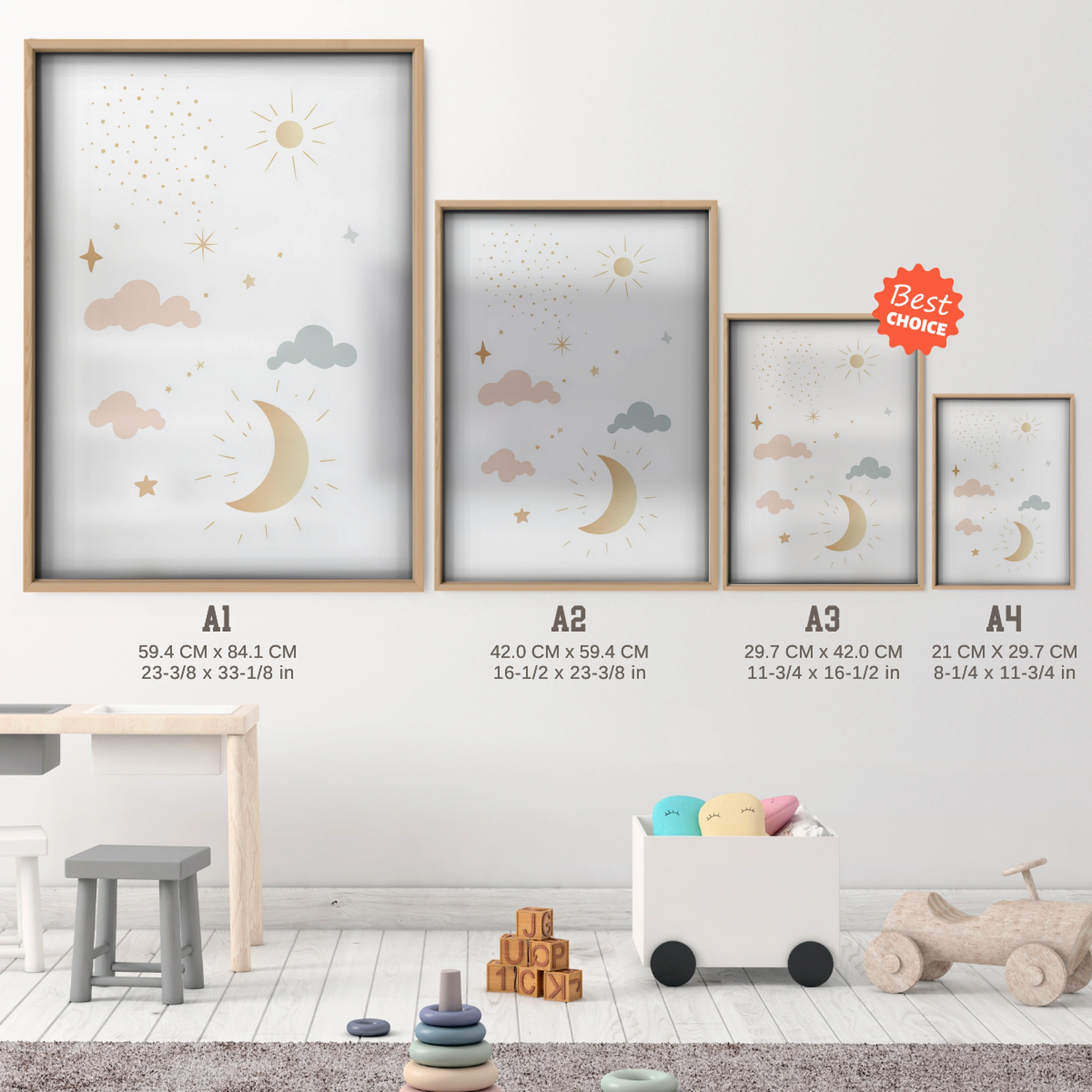 Clouds and Moon Nursery Print - size guide A4 A3 A2 A1 nursery print